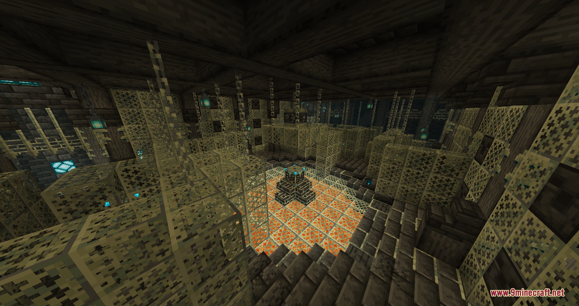 Large underground chamber with decorative lattice walls and a central stone pedestal