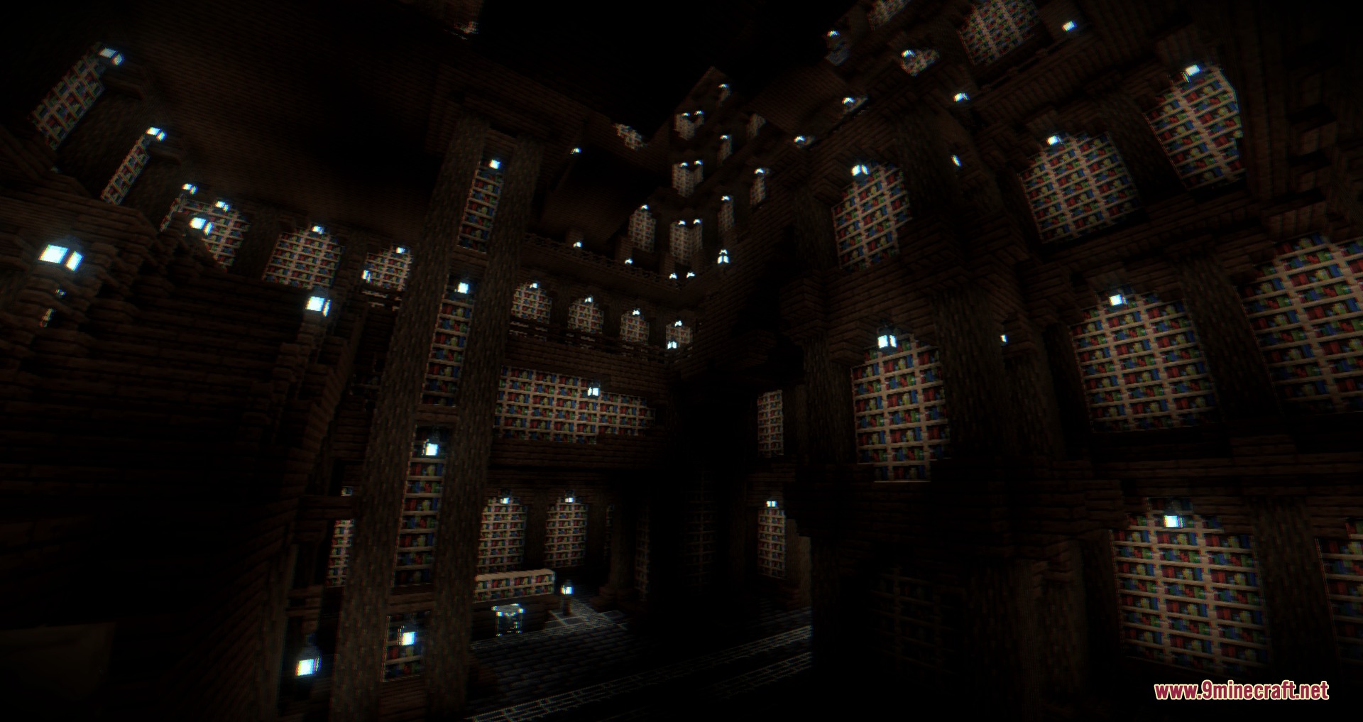 Massive dark library with multiple levels of bookshelves and glowing blue soul lanterns