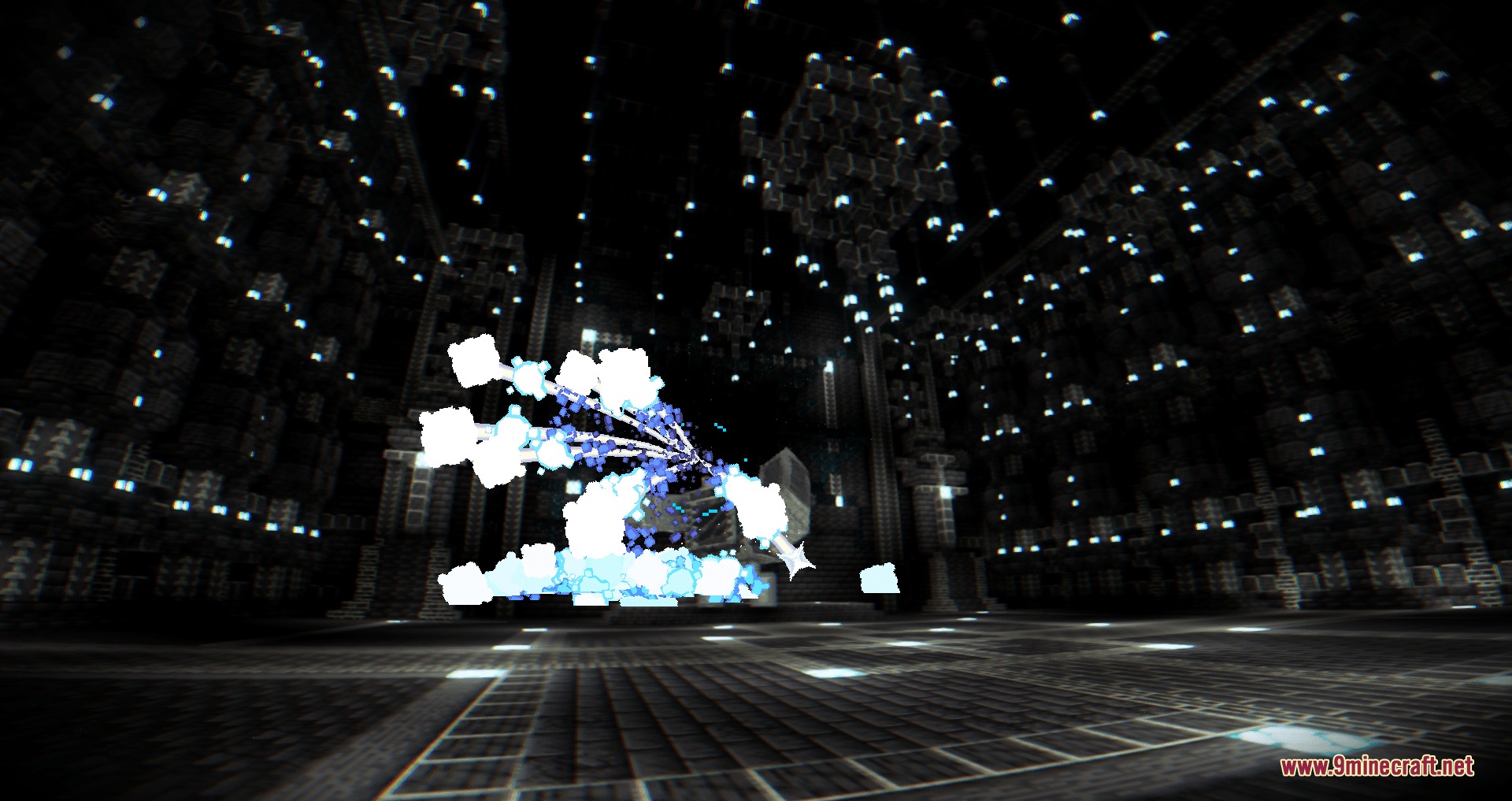 A bright blue and white energy explosion occurs inside the dark stone hall