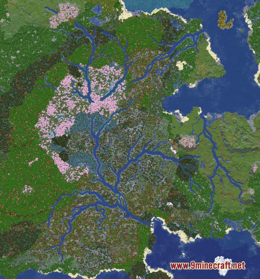 Dynamic Waters Realistic Flowing Rivers Mod Screenshot 1 Top down map view of Dynamic Waters mod showing complex branching river networks