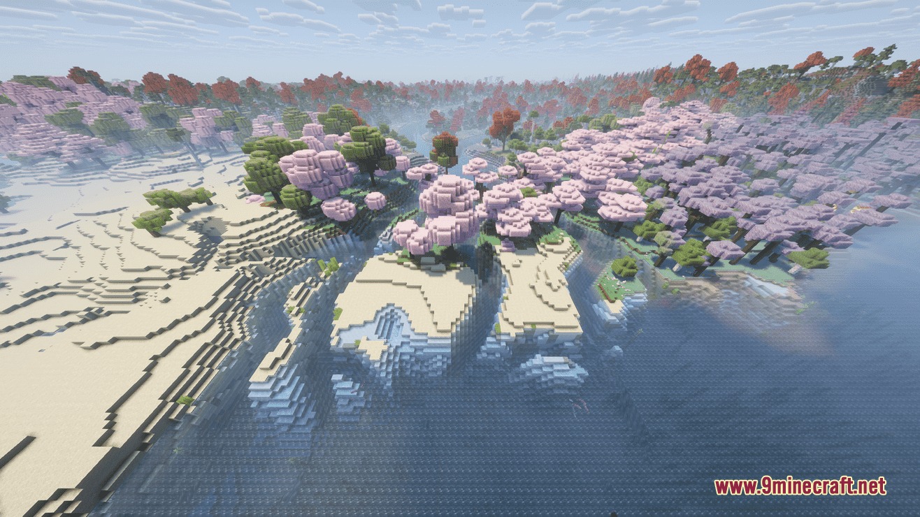 Dynamic Waters Realistic Flowing Rivers Mod Screenshot 3 Beautiful cherry blossom trees grow along a sandy coastline with clear blue water