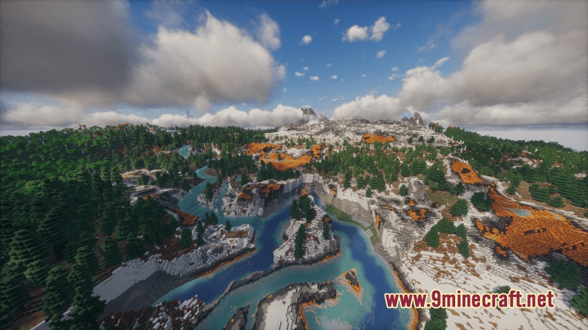 Dynamic Waters Realistic Flowing Rivers Mod Screenshot 4 A realistic river flows through a snowy mountain forest under a cloudy sky