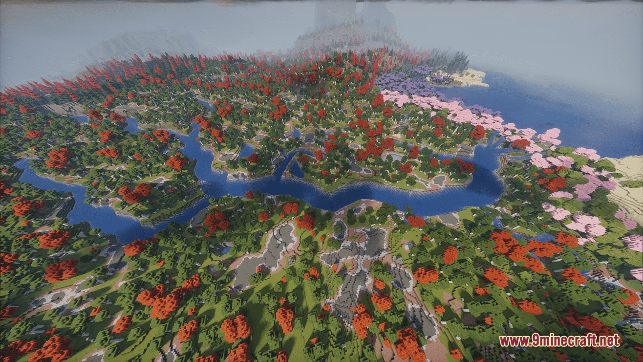 Dynamic Waters Realistic Flowing Rivers Mod Screenshot 6 Aerial view of branching river networks winding through a dense colorful forest