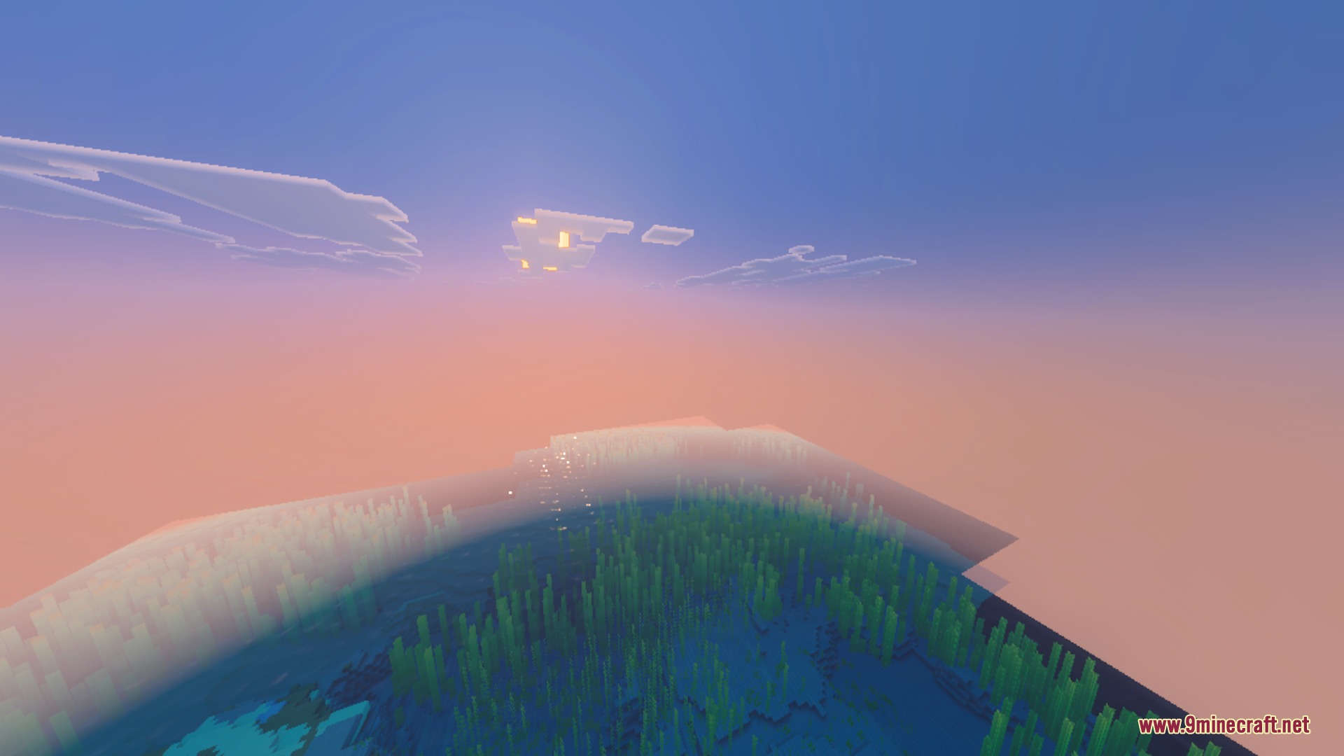 Dynamic Wave Shader Screenshot 3 Sunset over a Minecraft ocean with realistic waves and dynamic light reflections