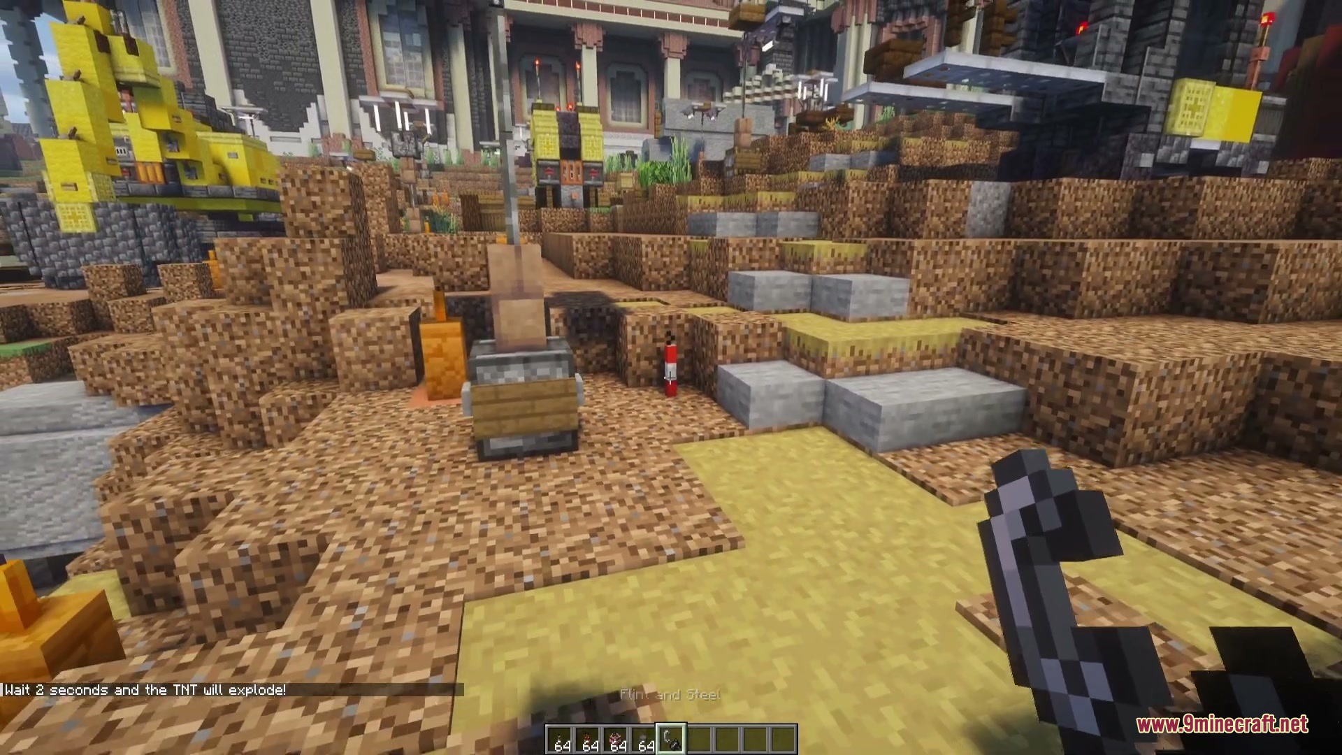 Dynamites Overhaul Mod Screenshot 1 A player prepares to detonate a custom dynamite stick using flint and steel