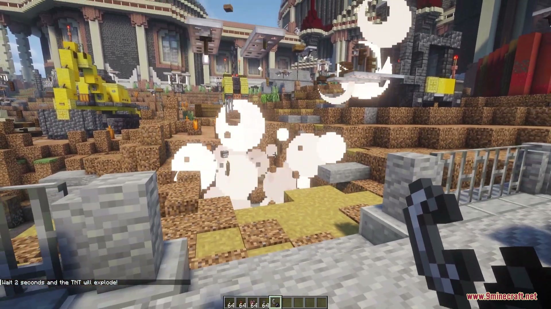 Dynamites Overhaul Mod Screenshot 2 The custom dynamite stick explodes with white smoke particles in a construction zone
