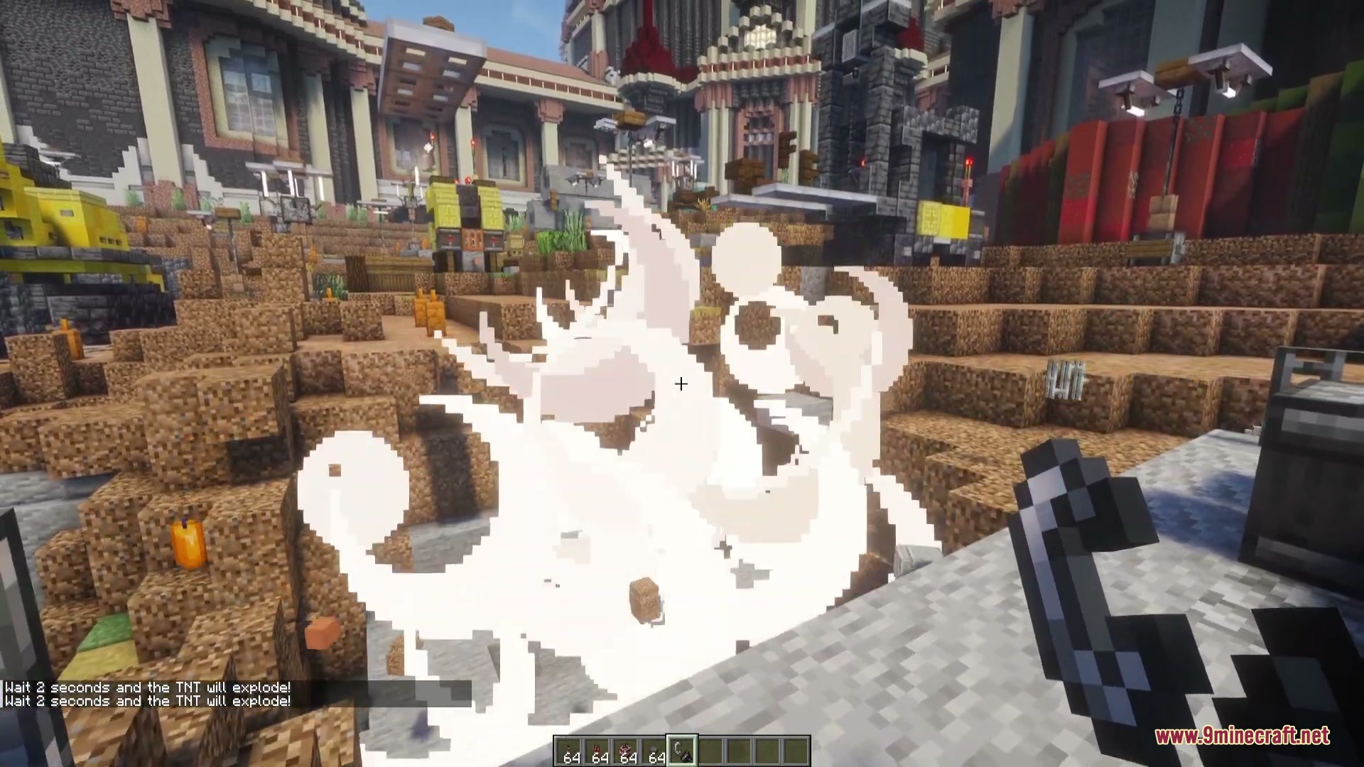 Dynamites Overhaul Mod Screenshot 4 Large white explosion effect triggered by dynamite in a Minecraft excavation area