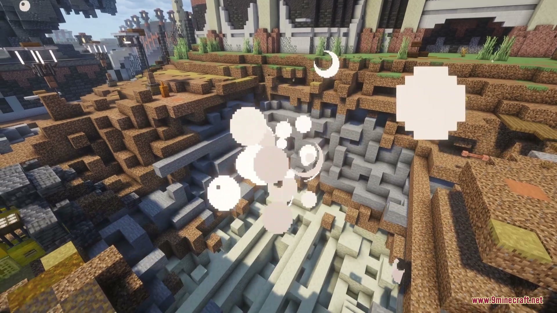 Dynamites Overhaul Mod Screenshot 7 White smoke particles rise from a powerful explosion in a deep Minecraft crater