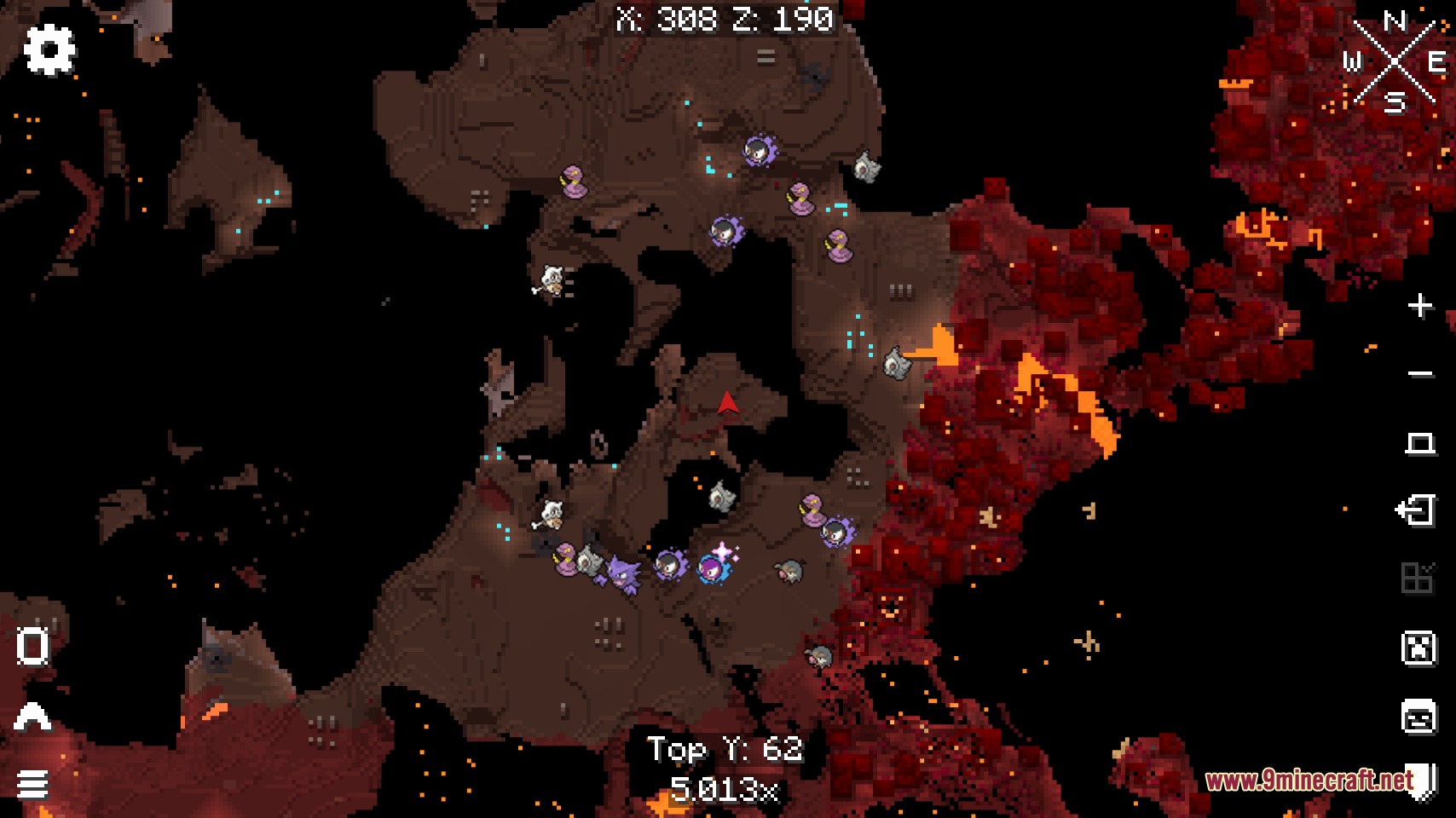 E19 Cobblemon Minimap Icons Resource Pack Screenshot 3 Minimap displaying various Pokemon icons over a dark Nether terrain map