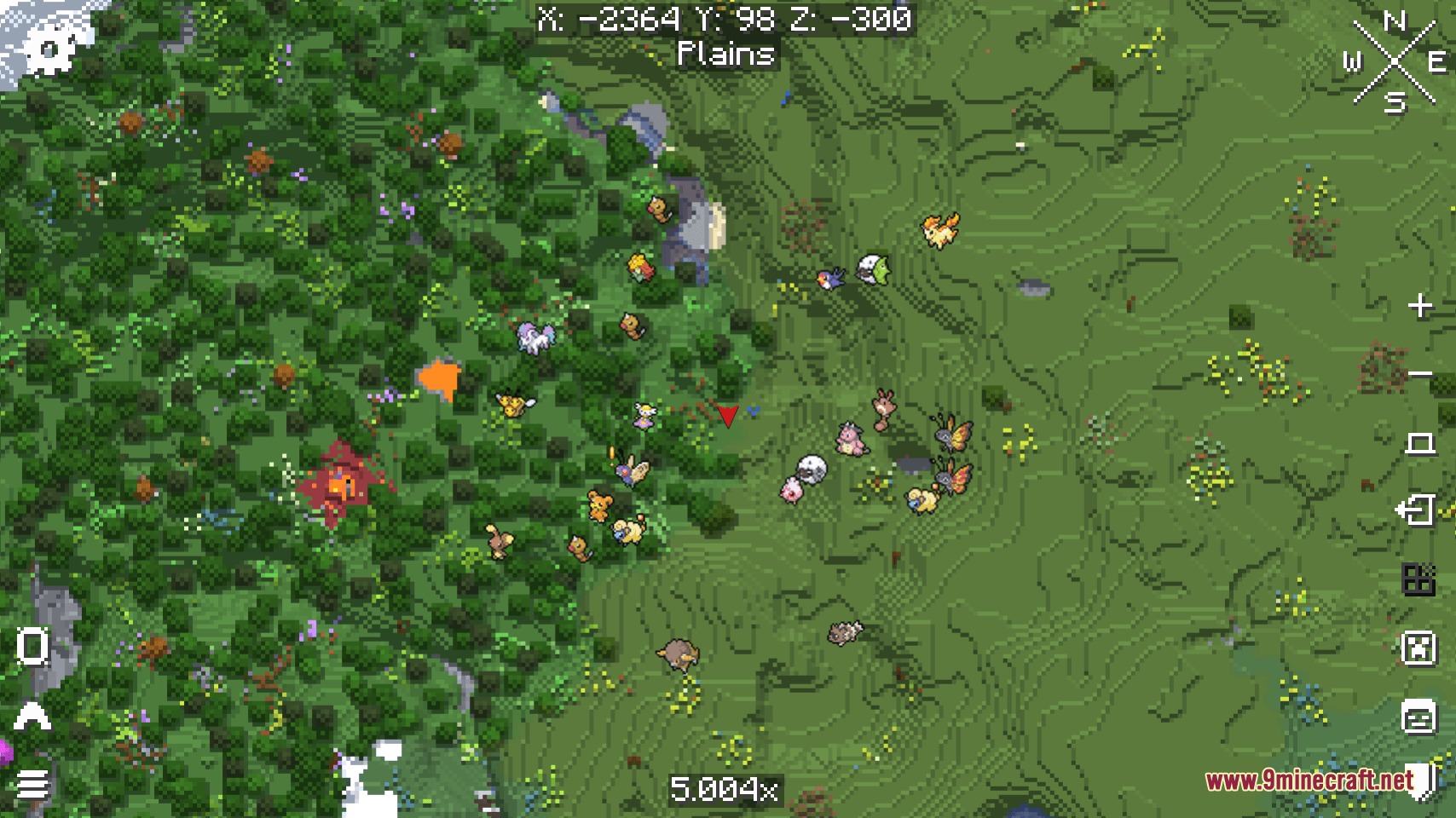 E19 Cobblemon Minimap Icons Resource Pack Screenshot 5 Minimap interface displaying various Pokemon icons across a green forest landscape
