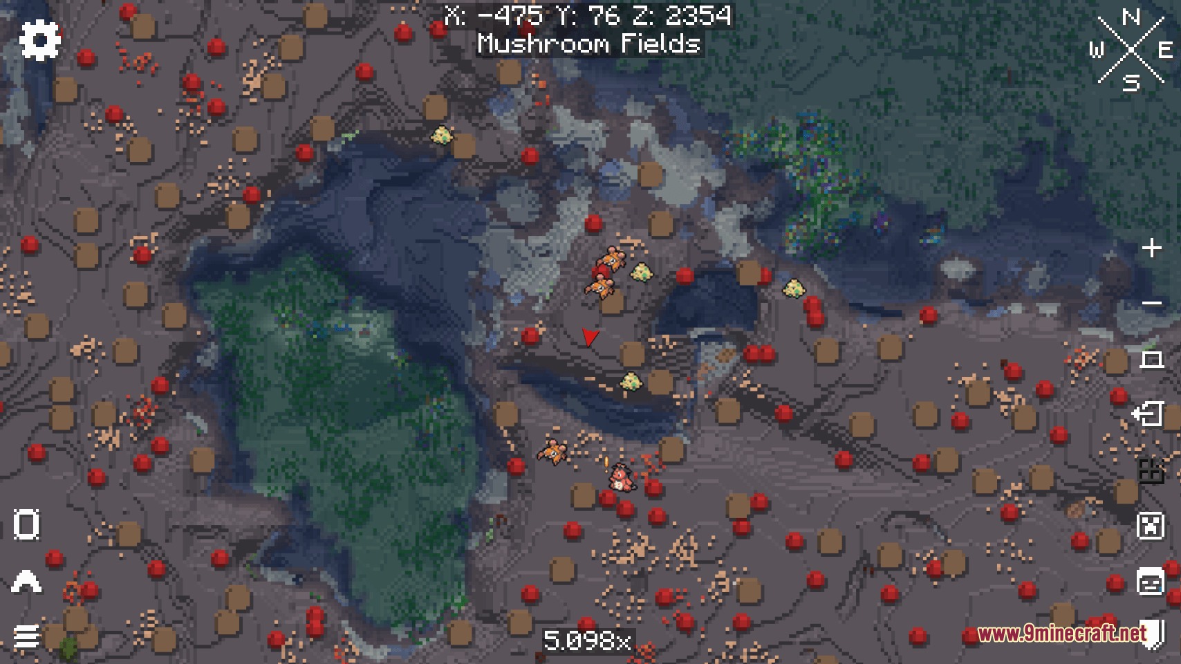 E19 Cobblemon Minimap Icons Resource Pack Screenshot 6 Cobblemon icons scattered across a mushroom fields biome on the minimap screen