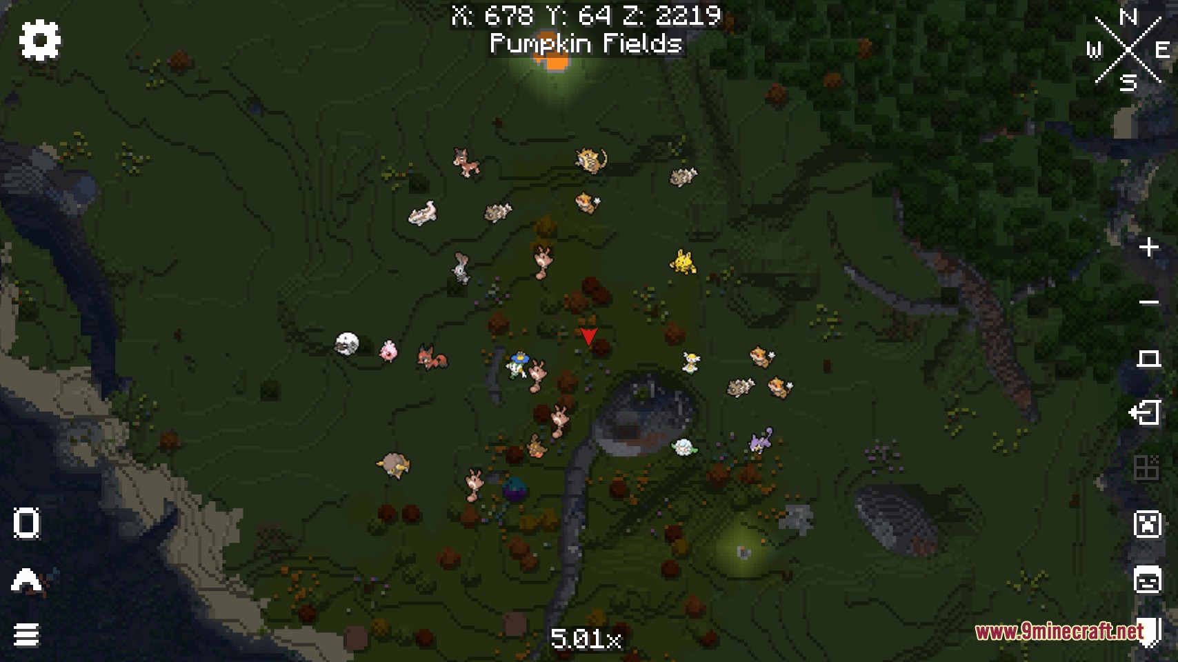 E19 Cobblemon Minimap Icons Resource Pack Screenshot 7 Minimap showing various Pokemon icons over a grassy Pumpkin Fields biome