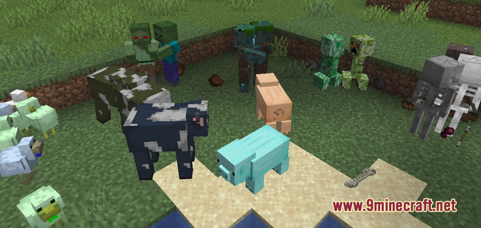 ETF Entity Texture Features Fabric & Forge Mod Screenshot 2 Minecraft mobs with random texture variations and unique colors standing together on grass