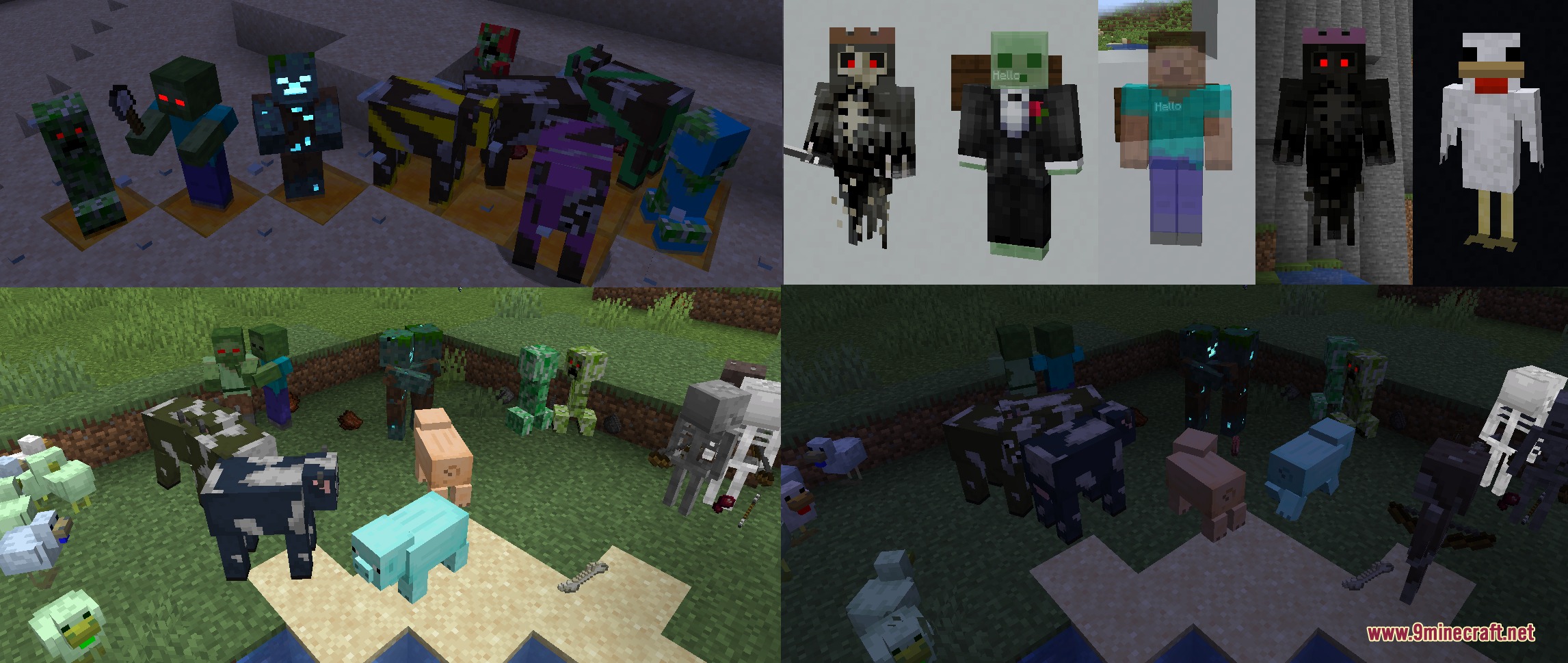 ETF Entity Texture Features Fabric & Forge Mod Screenshot 3 Minecraft mobs with random colors and glowing textures shown in a collage