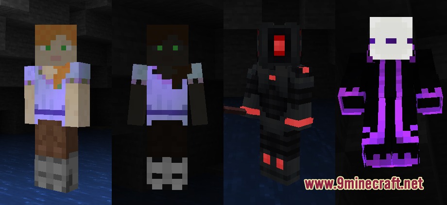 ETF Entity Texture Features Fabric & Forge Mod Screenshot 5 Four different Minecraft player skins standing together in a dark cave setting