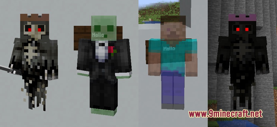 ETF Entity Texture Features Fabric & Forge Mod Screenshot 6 Various custom mob skins including a tuxedo slime and a translucent Steve