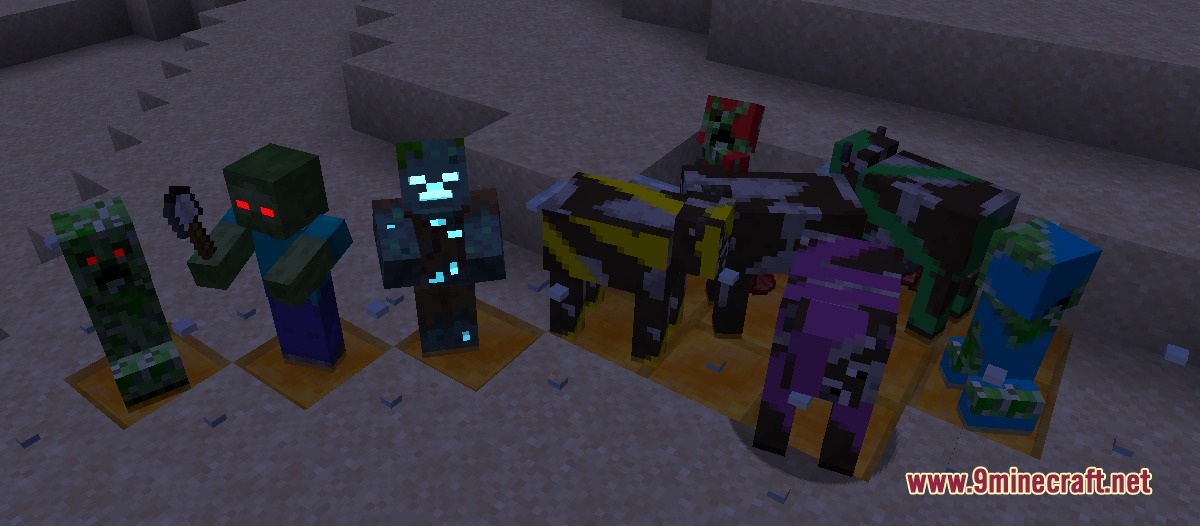 ETF Entity Texture Features Fabric & Forge Mod Screenshot 7 A group of Minecraft mobs with glowing eyes and colorful custom textures