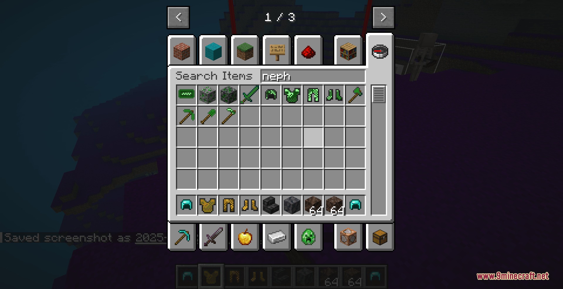 Eastern Horizon Expansion Mod Screenshot 1 Creative inventory displaying green armor and tools from Eastern Horizon Expansion Mod