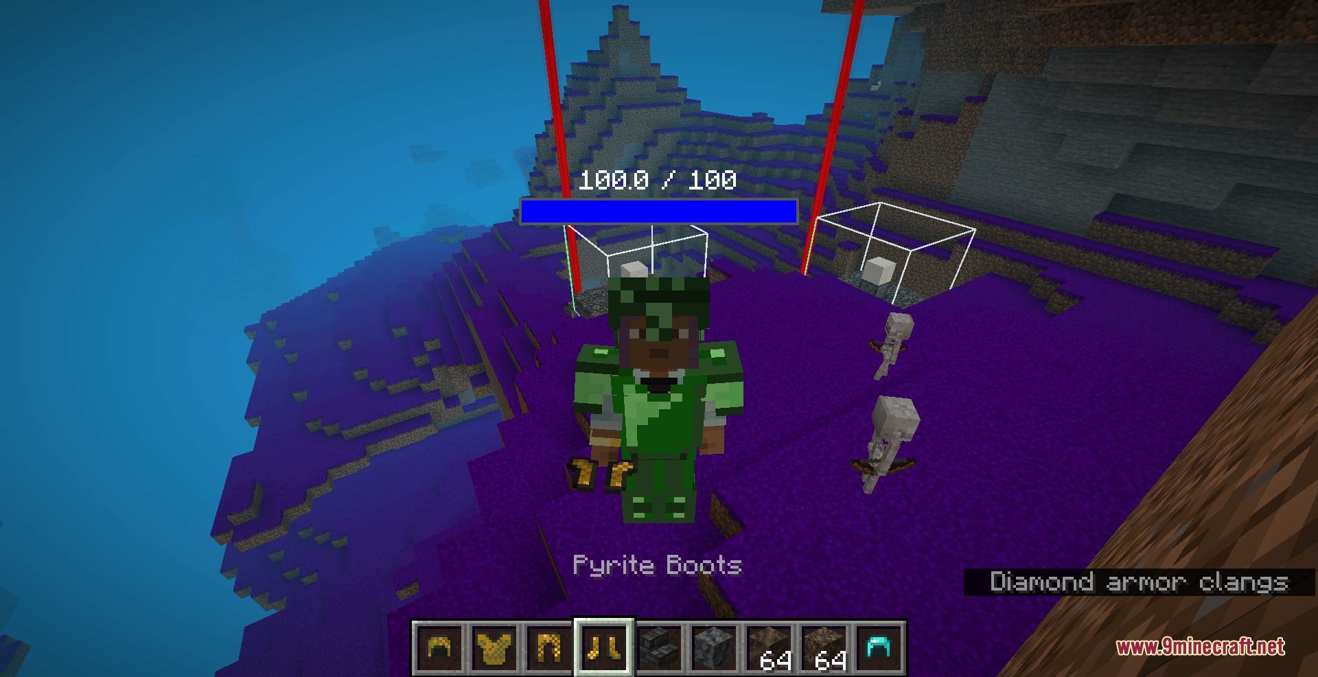 Eastern Horizon Expansion Mod Screenshot 2 Player wearing green armor standing on purple grass with skeletons nearby