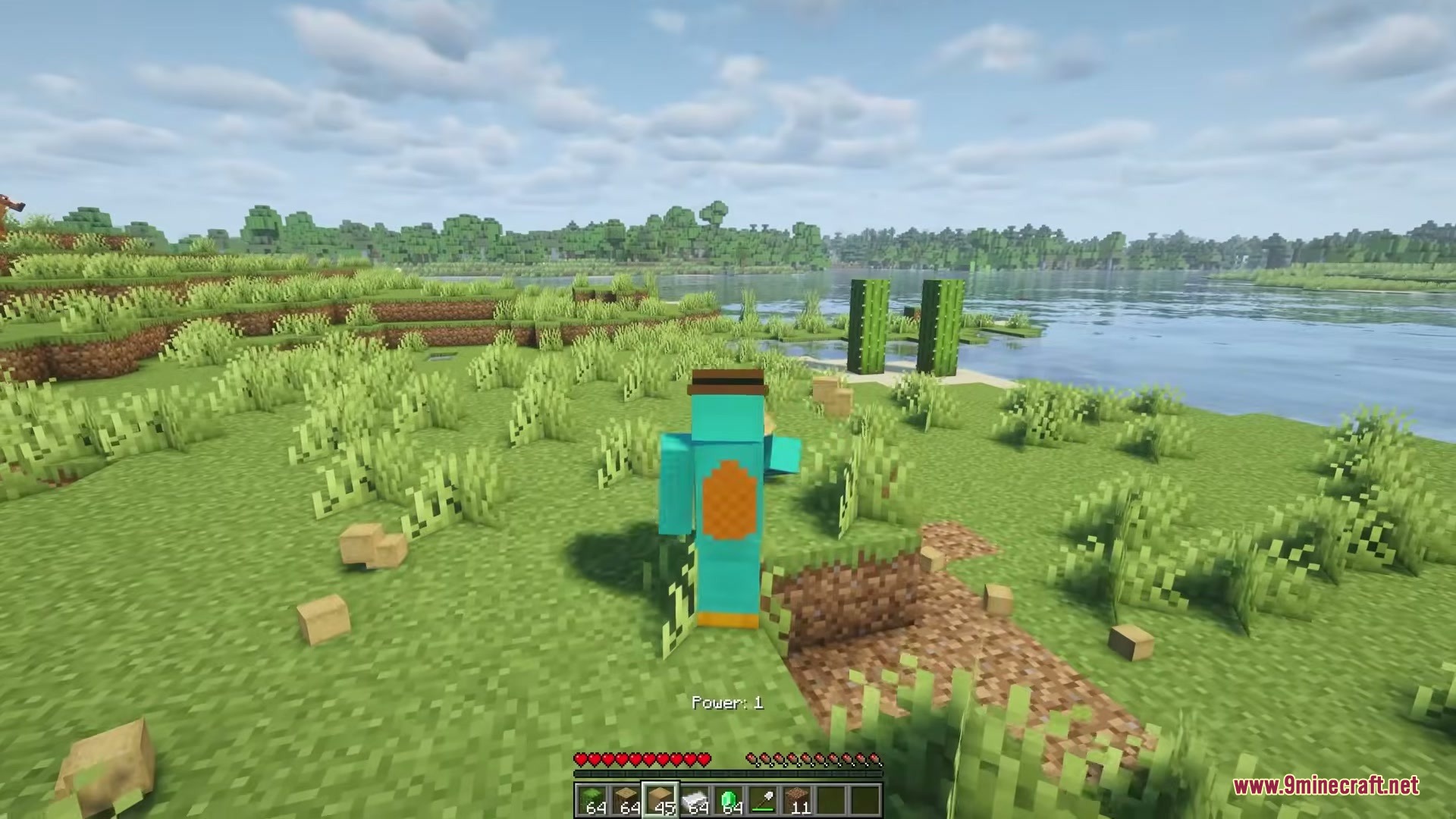 Eating Animations Mod Screenshot 4 Minecraft character eating food with crumbs falling in a scenic grassy biome
