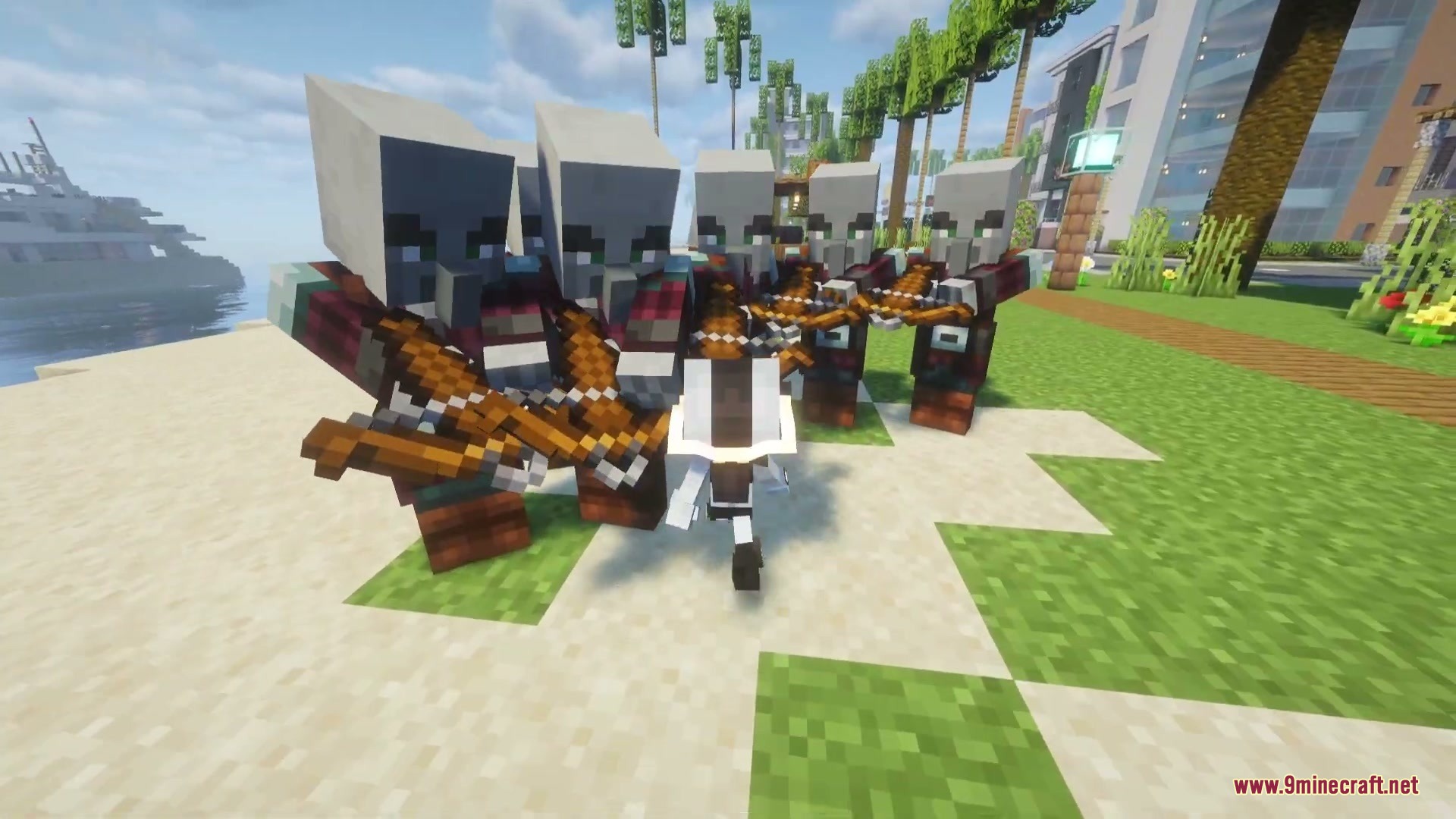 Echoes After Echoes Mod Screenshot 2 Pillagers with crossbows surround the small white alien on a sandy beach