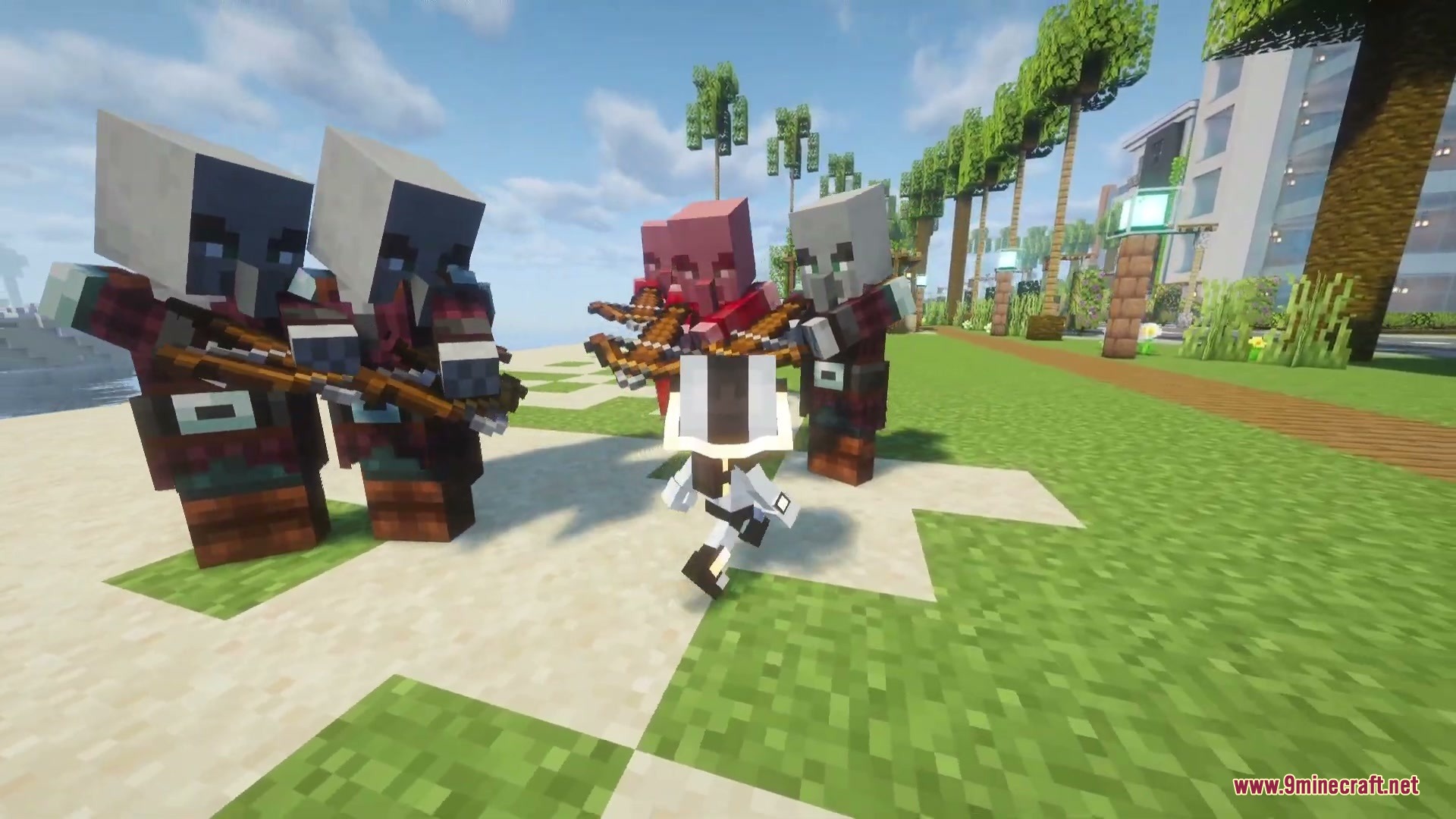 Echoes After Echoes Mod Screenshot 3 Echo Echo stands surrounded by Pillagers with crossbows in a sunny park