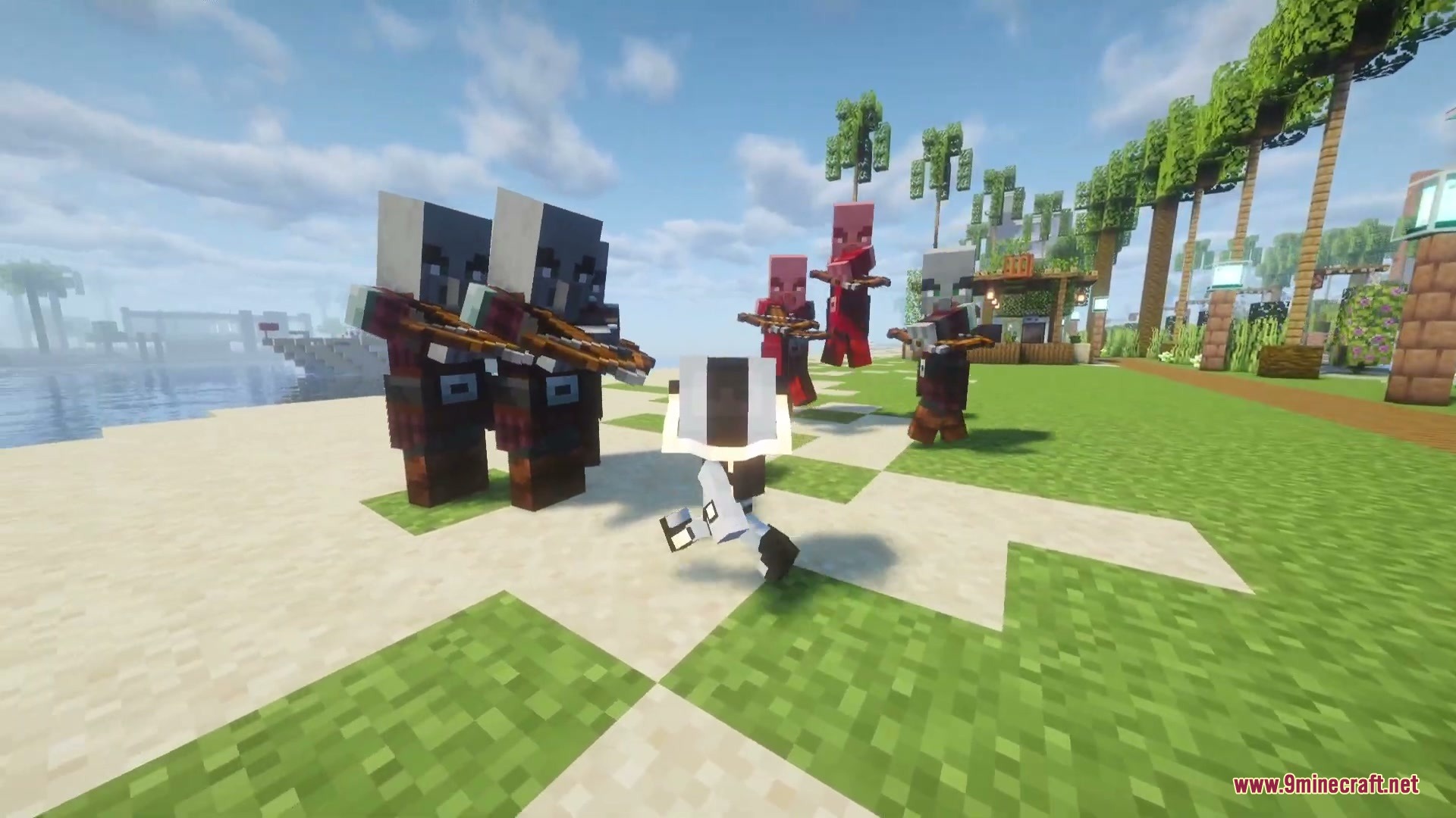 Echoes After Echoes Mod Screenshot 4 Echo Echo faces off against several Pillagers on a grassy beach landscape