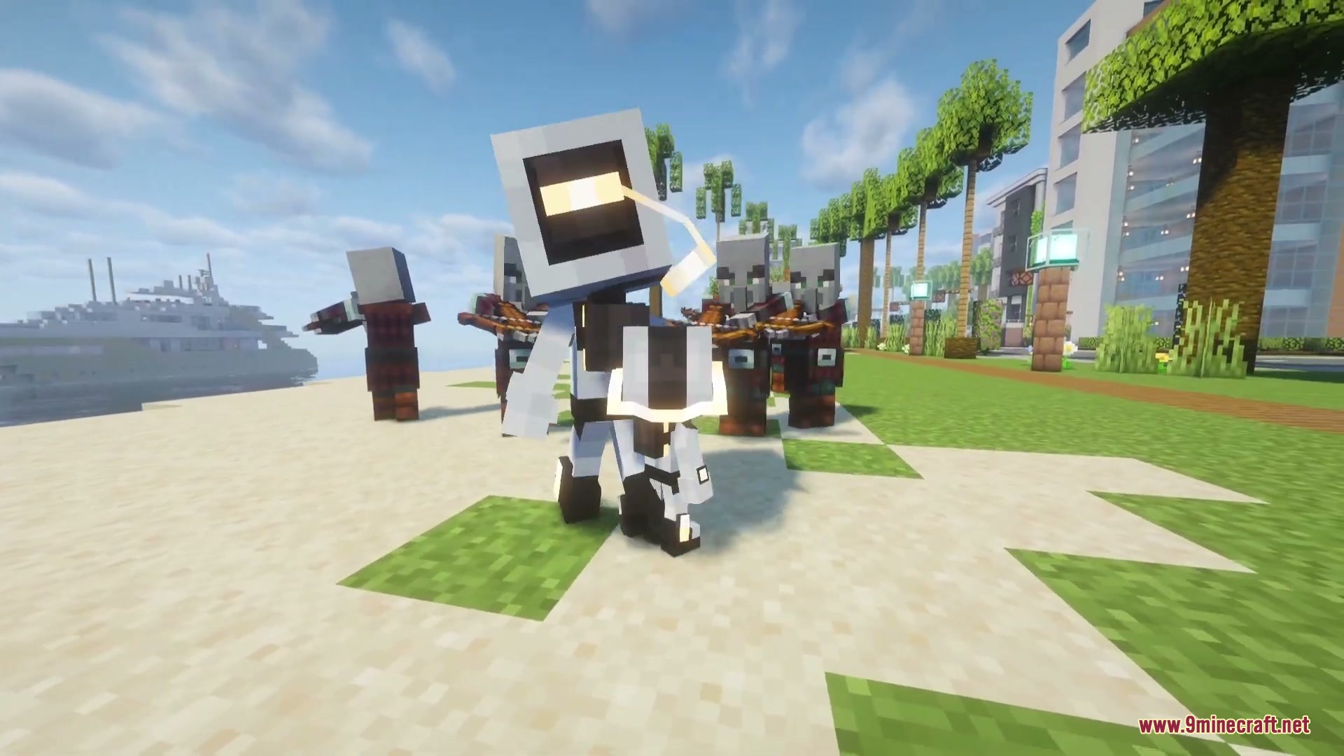 Echoes After Echoes Mod Screenshot 5 Echo Echo character standing on a beach while Pillagers aim their crossbows