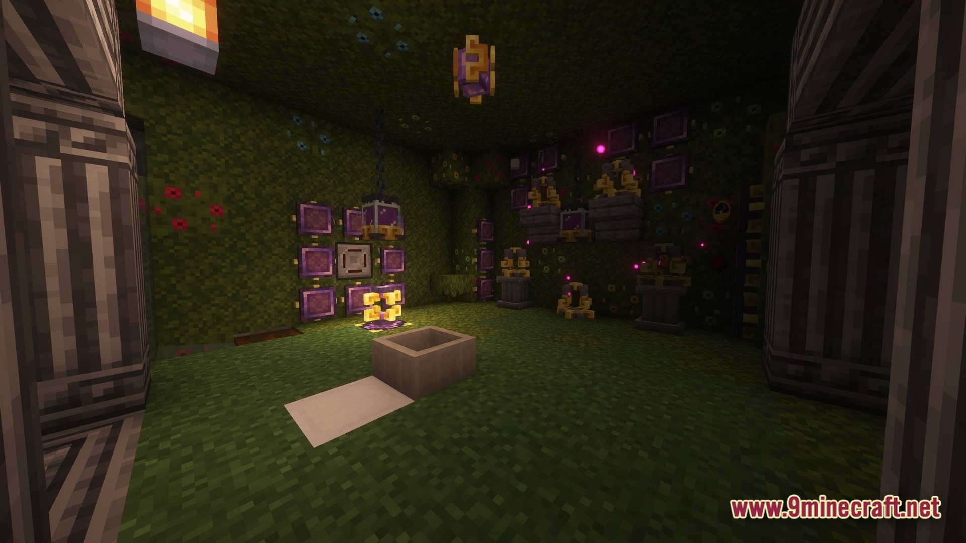 A mossy interior room featuring various Thaumcraft magical apparatus, jars, and infusion pedestals