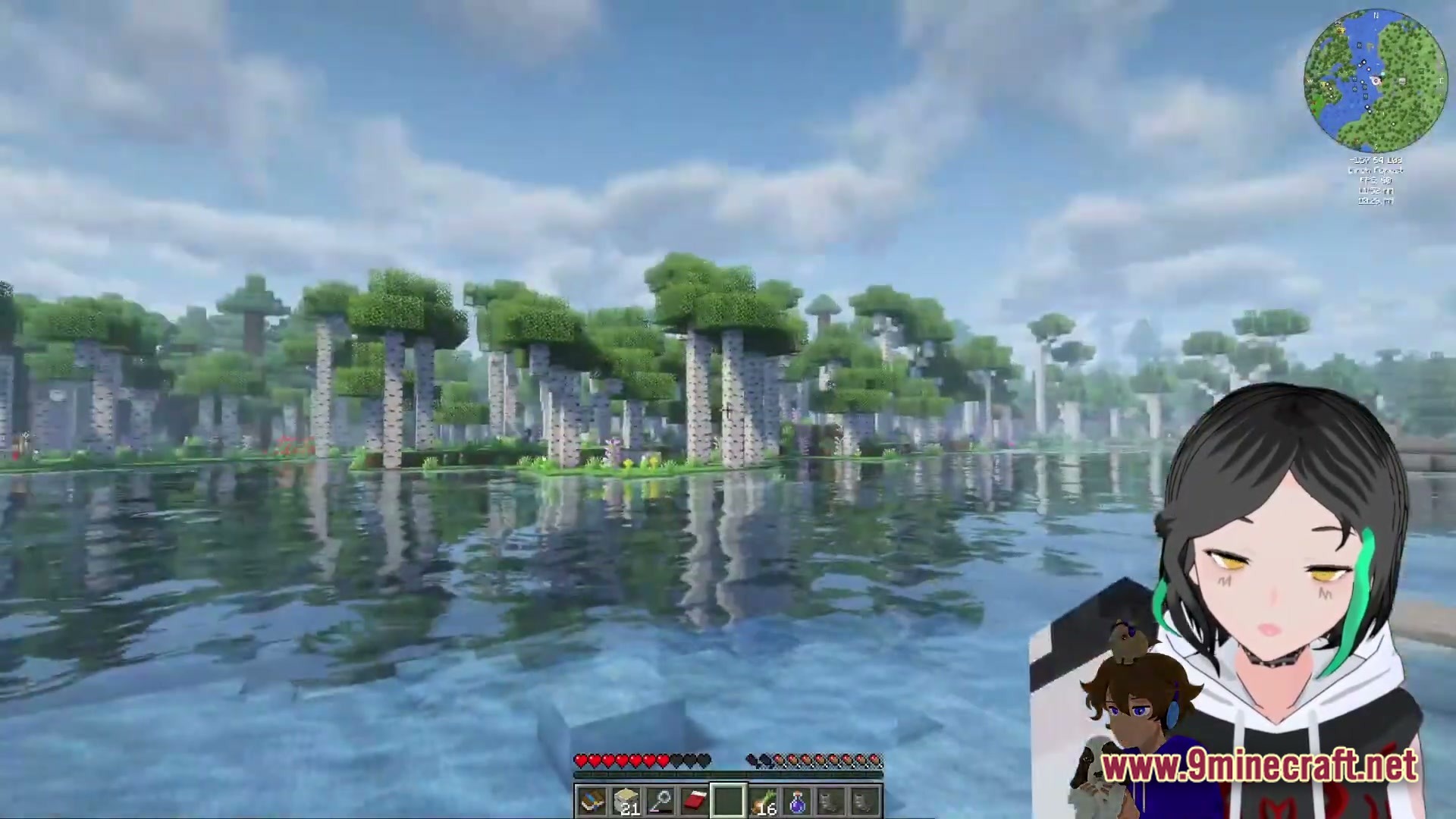A birch forest biome reflected in a lake with shaders and a VTuber avatar overlay