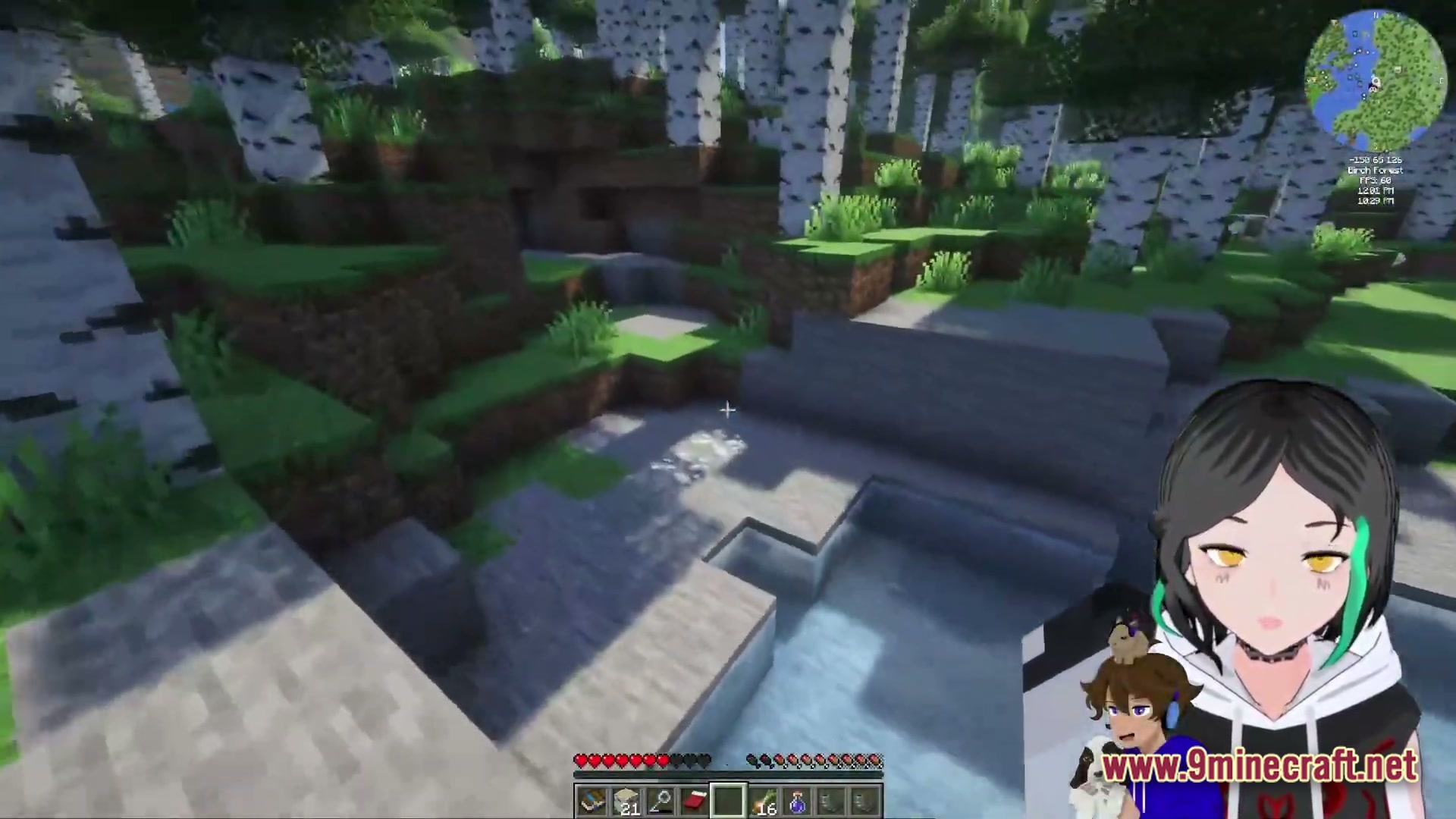 A birch forest biome with shaders and a minimap, featuring an anime-style character overlay
