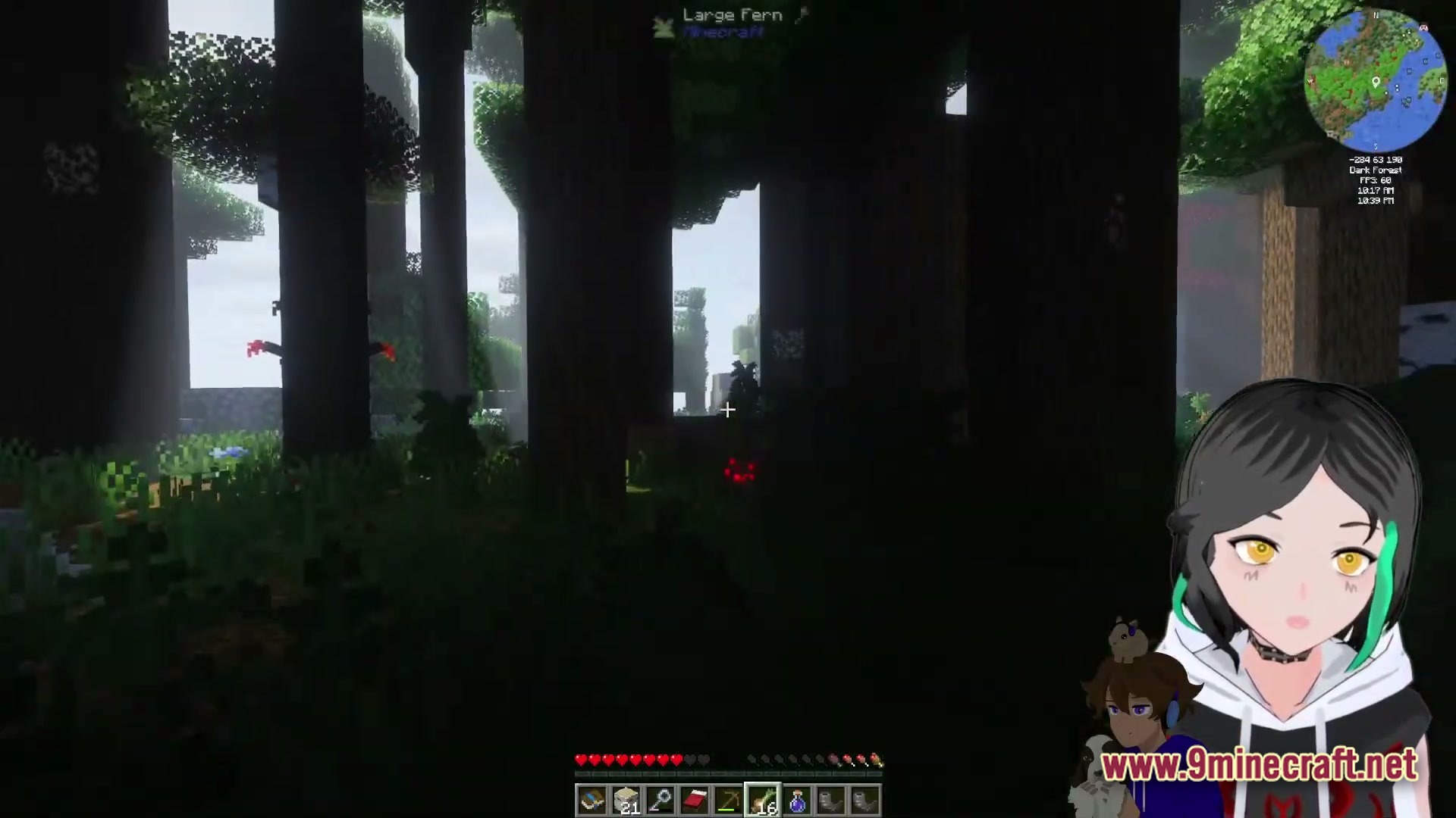 A dark forest biome with large trees, ferns, and glowing red eyes visible in the shadows