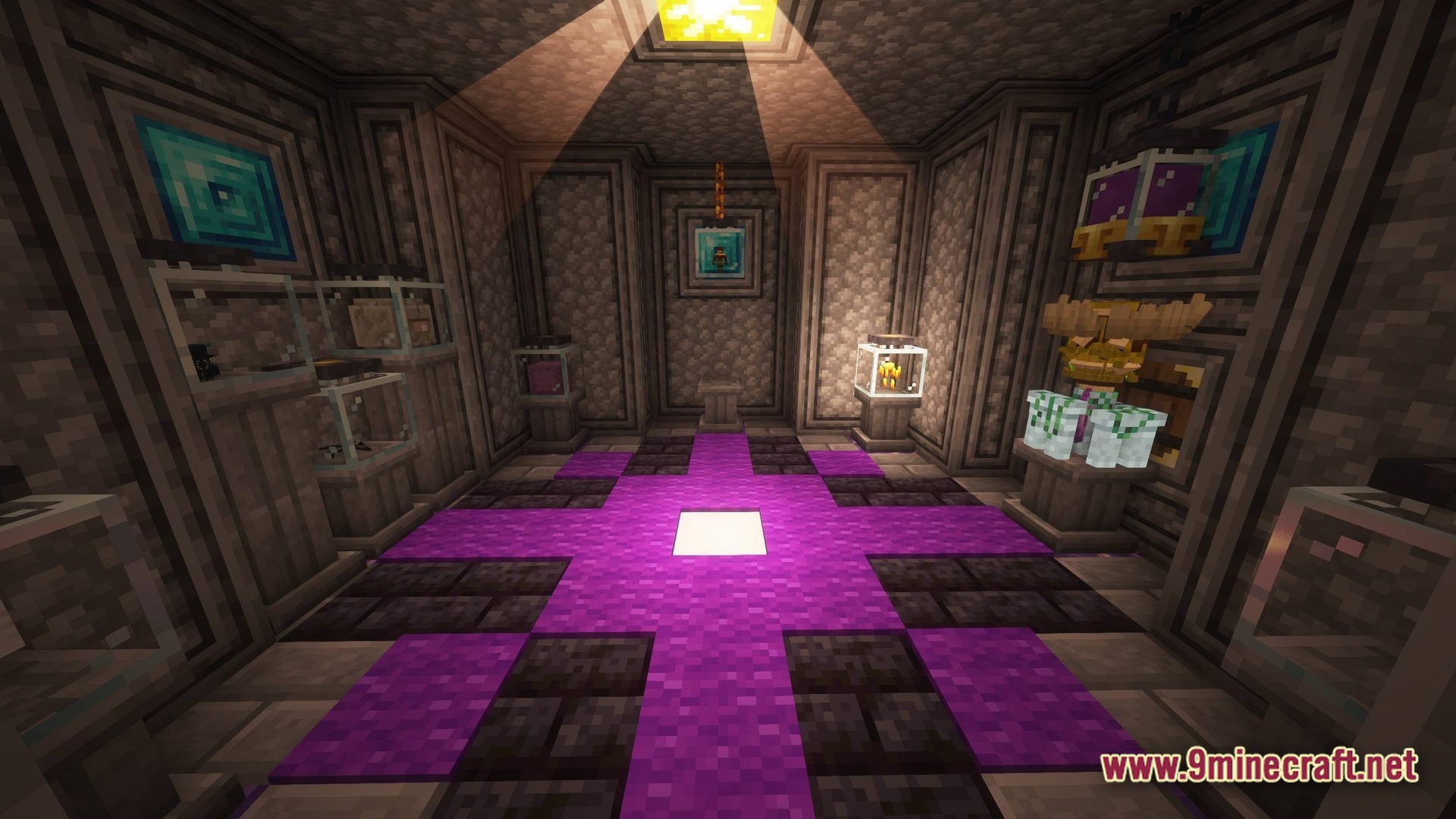 A stone trophy room featuring various items in glass display cases and a purple carpeted floor