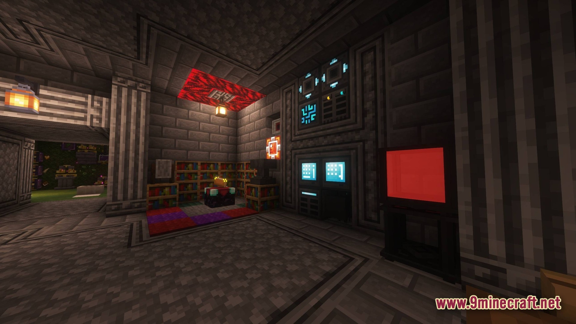 A stone brick interior featuring an enchanting table, bookshelves, and various technological machinery and screens