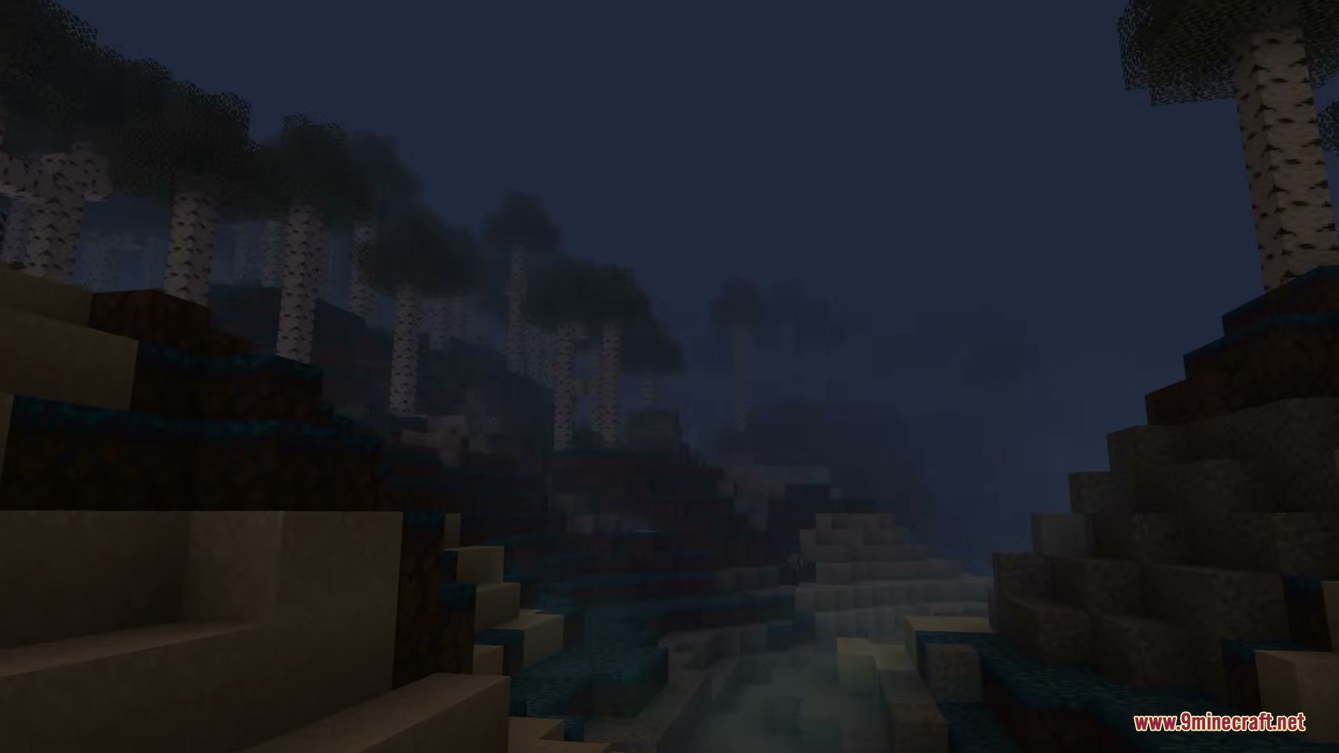 Echoes of the Void Mod Screenshot 1 A dark birch forest landscape with eerie blue tinted ground blocks at night