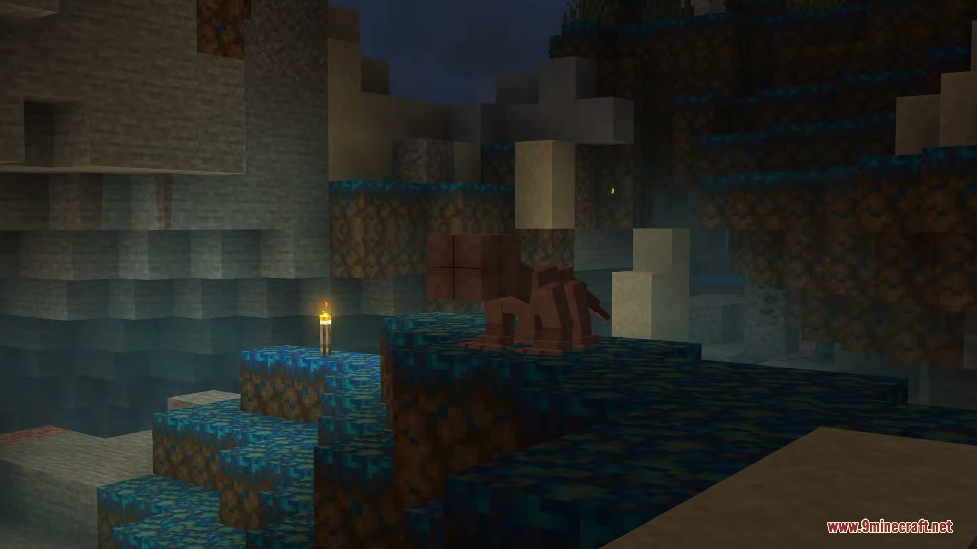 Echoes of the Void Mod Screenshot 2 A Demodog stands on dark blocks near a lit torch at night