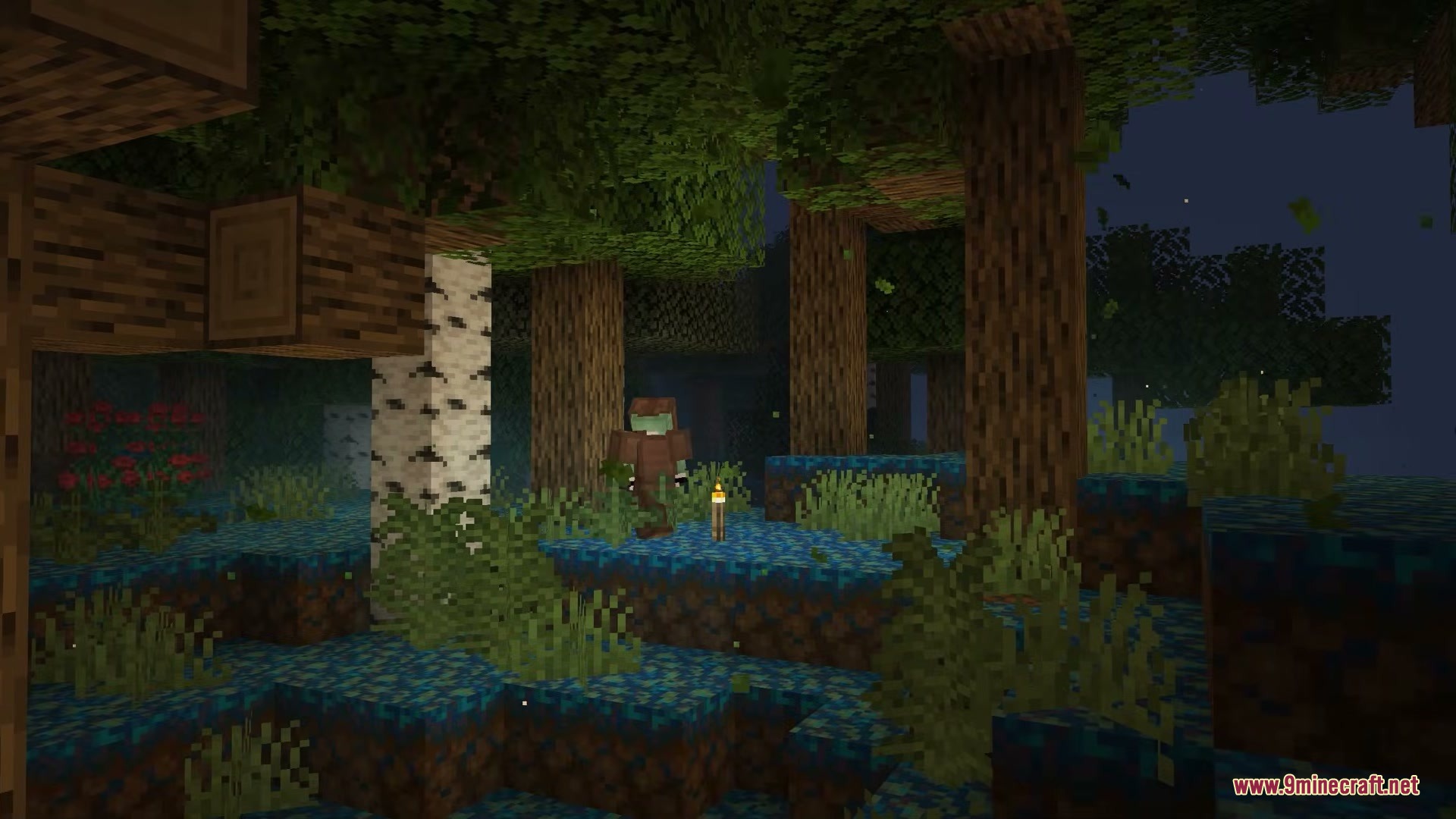 Echoes of the Void Mod Screenshot 4 A player stands near a torch in a dark forest with corrupted ground