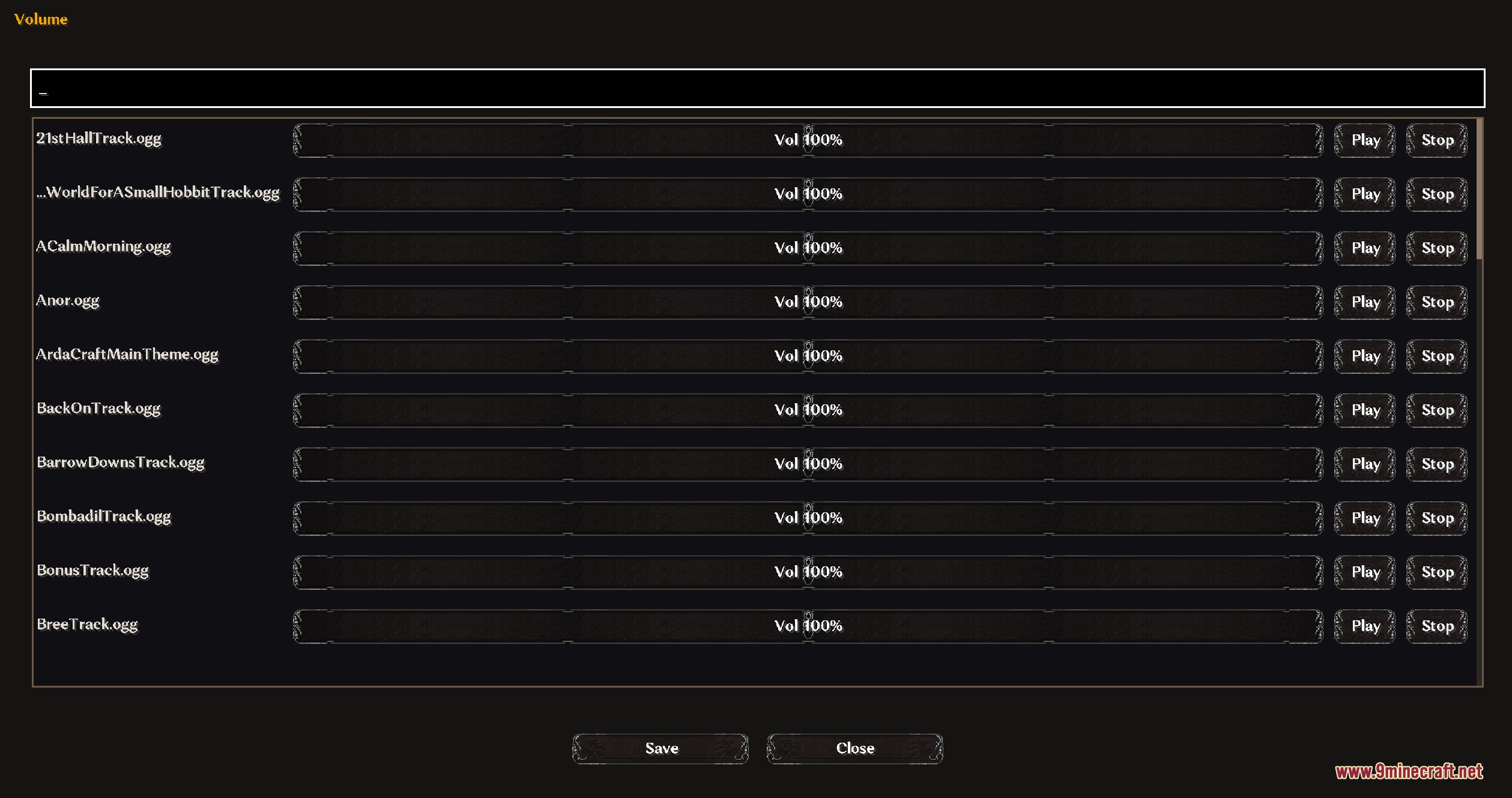 A volume control menu showing a list of music tracks with individual sliders