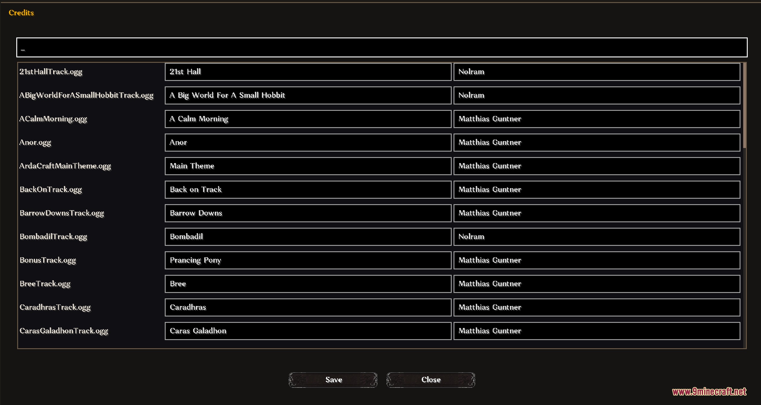 A credits menu listing various music tracks and their respective composers
