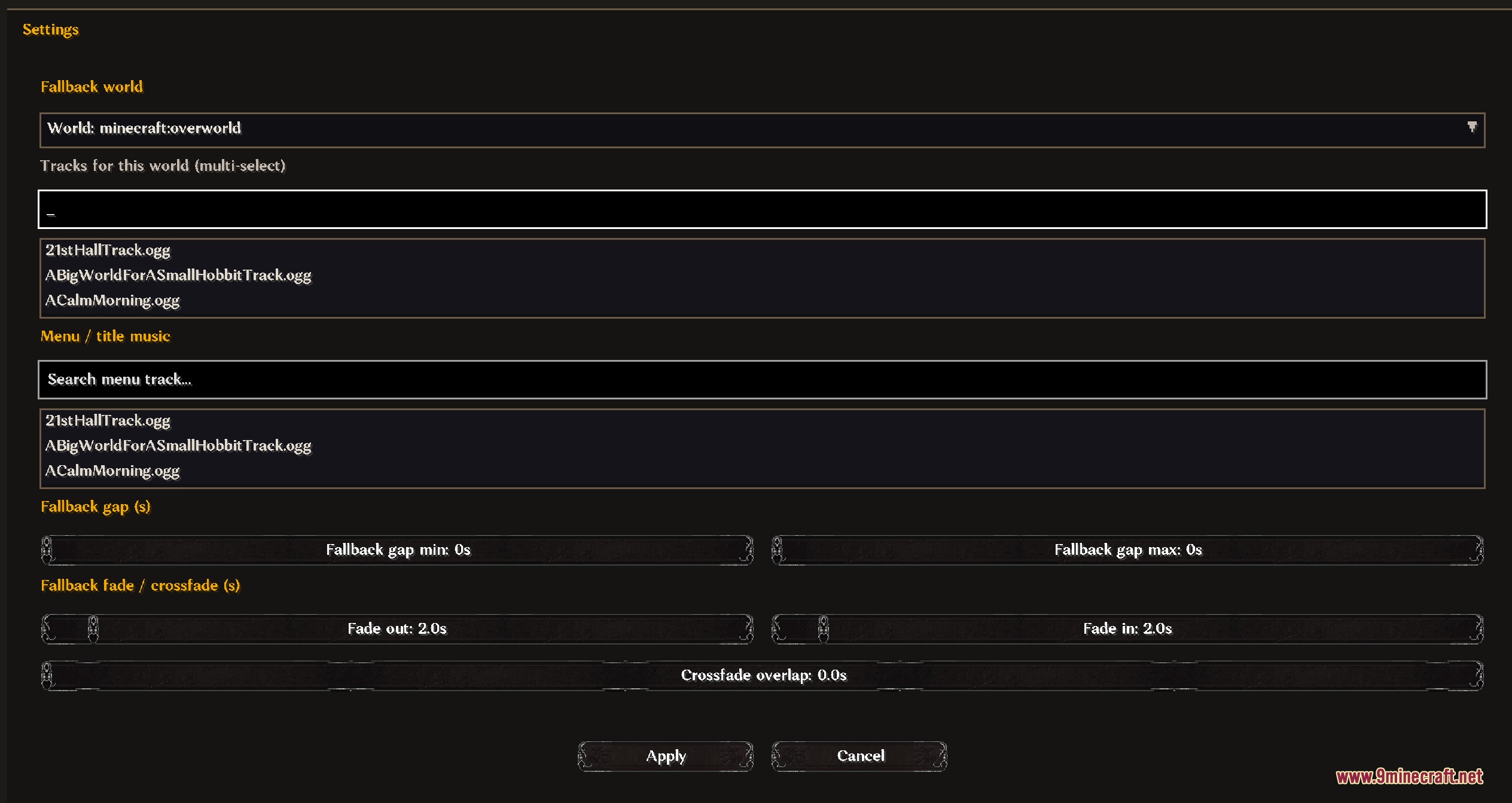 Settings menu for configuring world music tracks and audio crossfade options