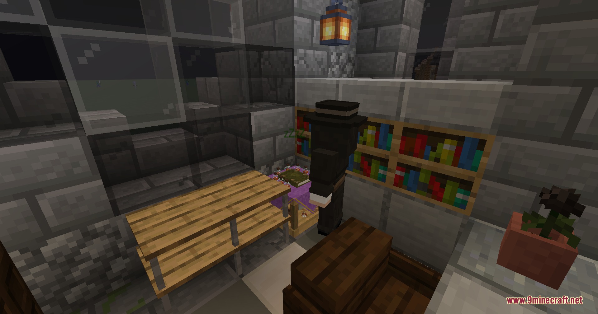 Efficient Citizen Logic Mod Screenshot 1 A citizen wearing a top hat standing in a small stone room
