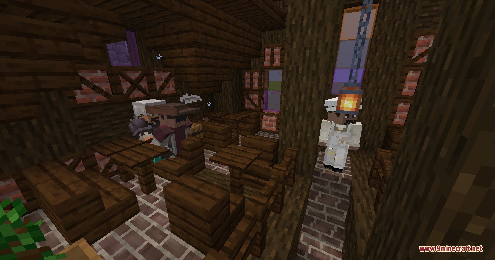 Efficient Citizen Logic Mod Screenshot 2 Citizens eating at wooden tables inside a rustic tavern with a chef