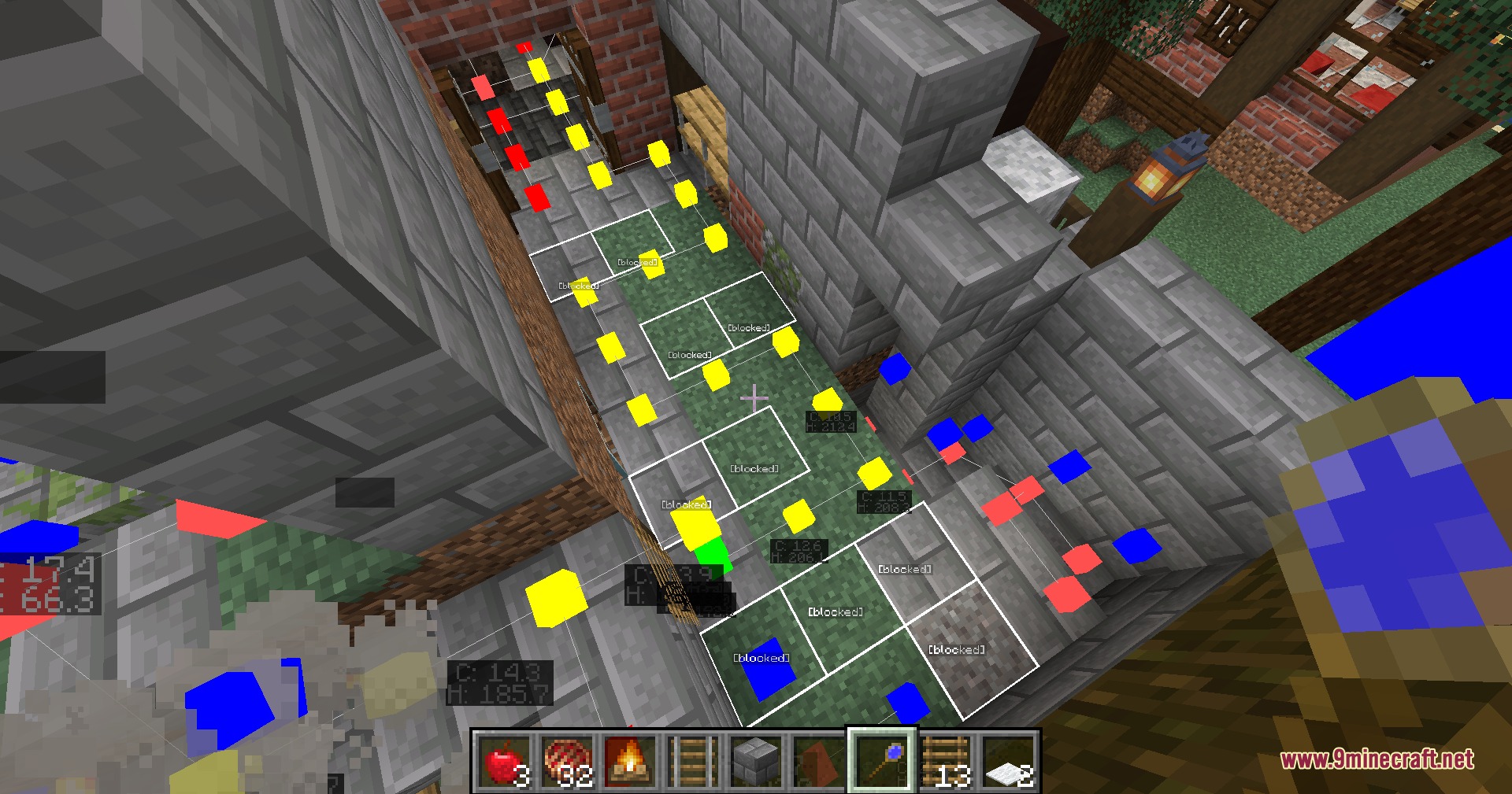Efficient Citizen Logic Mod Screenshot 5 A visualization of citizen pathfinding logic on a stone pathway in Minecraft
