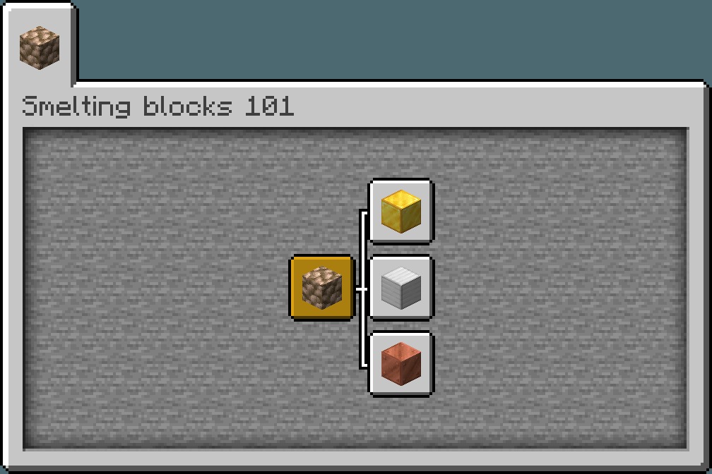 Advancement UI showing raw ore blocks smelting into full metal blocks