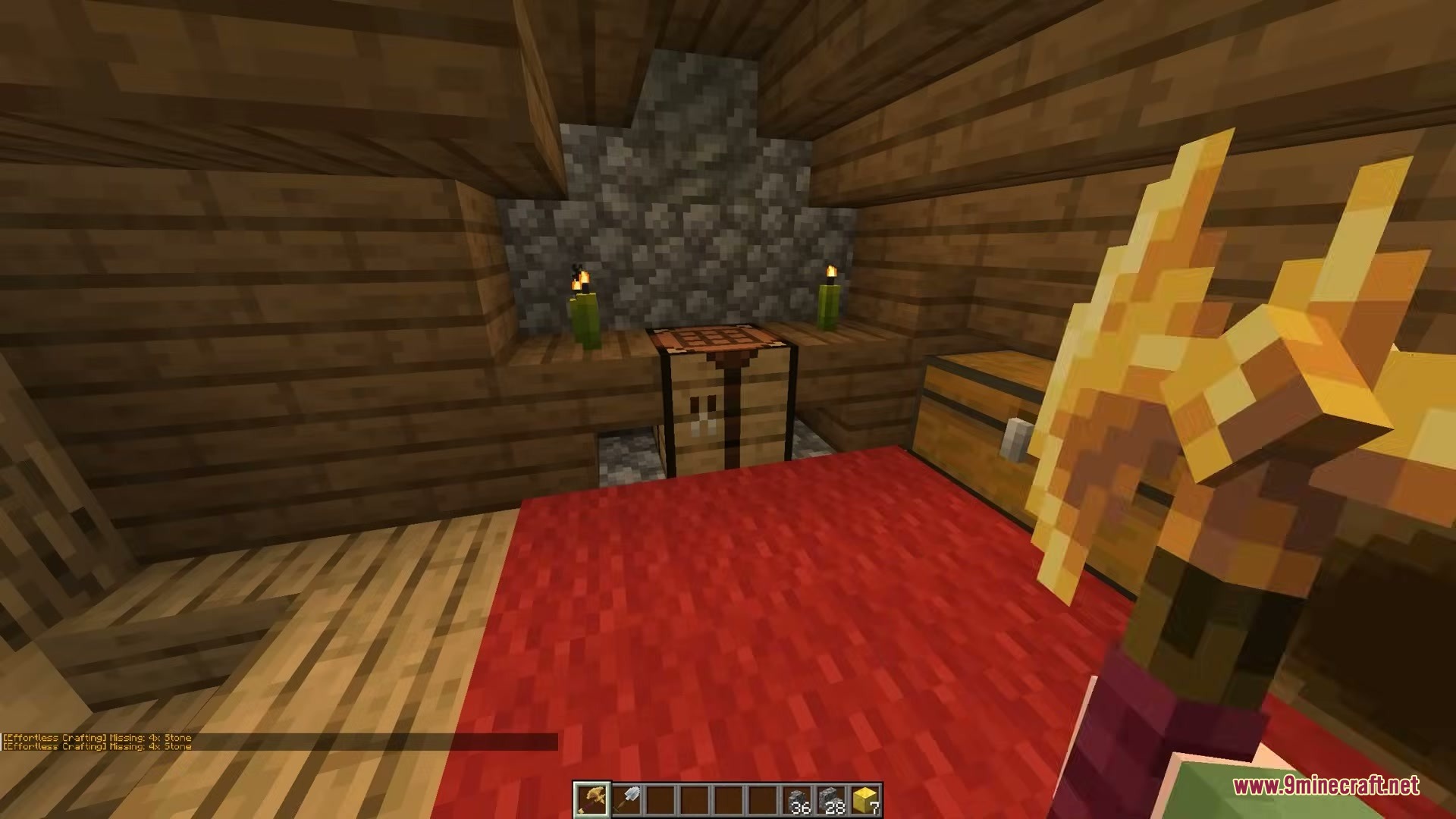 A player holding a golden axe near a crafting table and wooden chest
