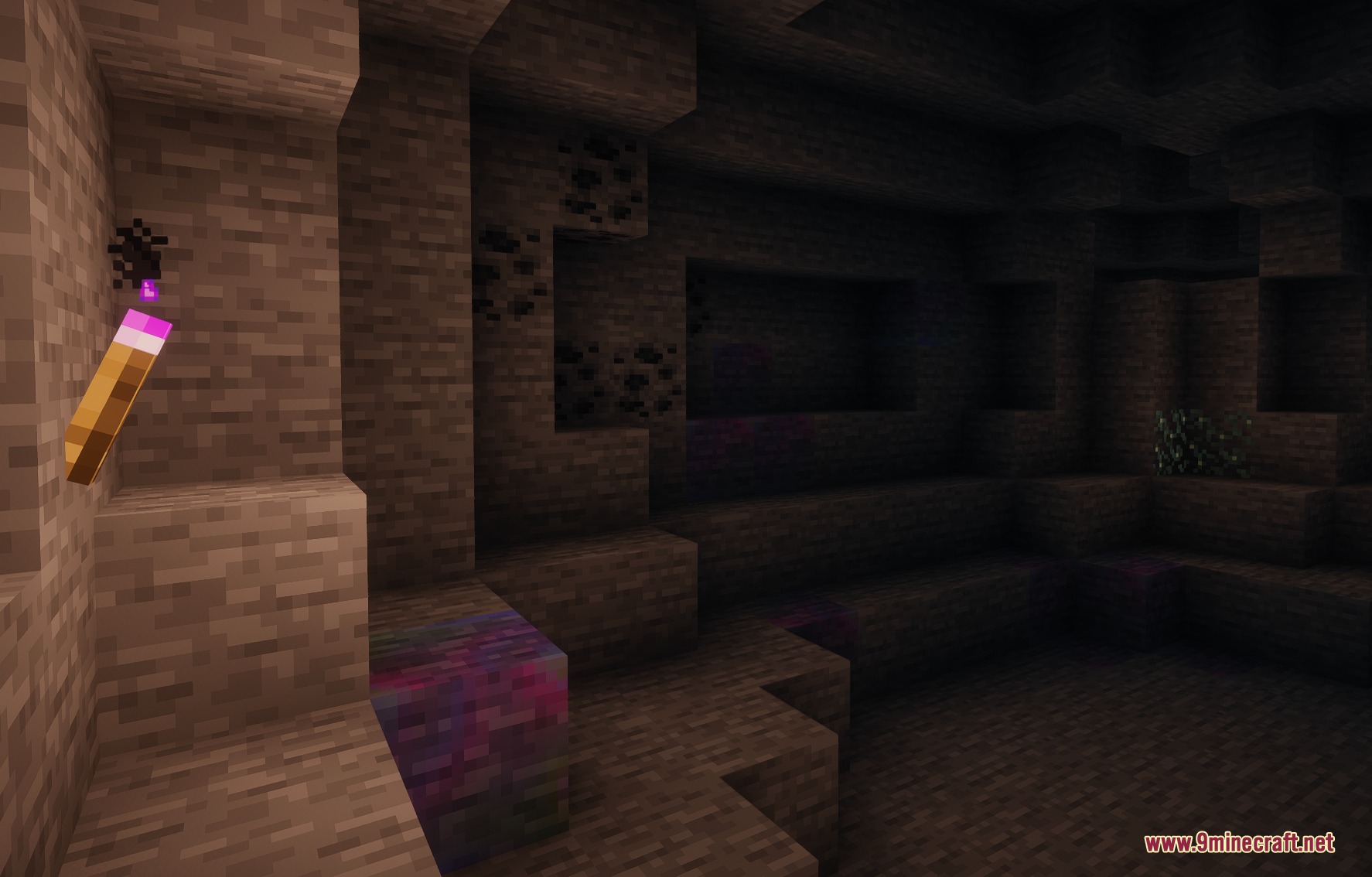 Eldritch Bloom Rituals Mod Screenshot 1 A purple torch illuminates a dark cave containing rare magical resource blocks