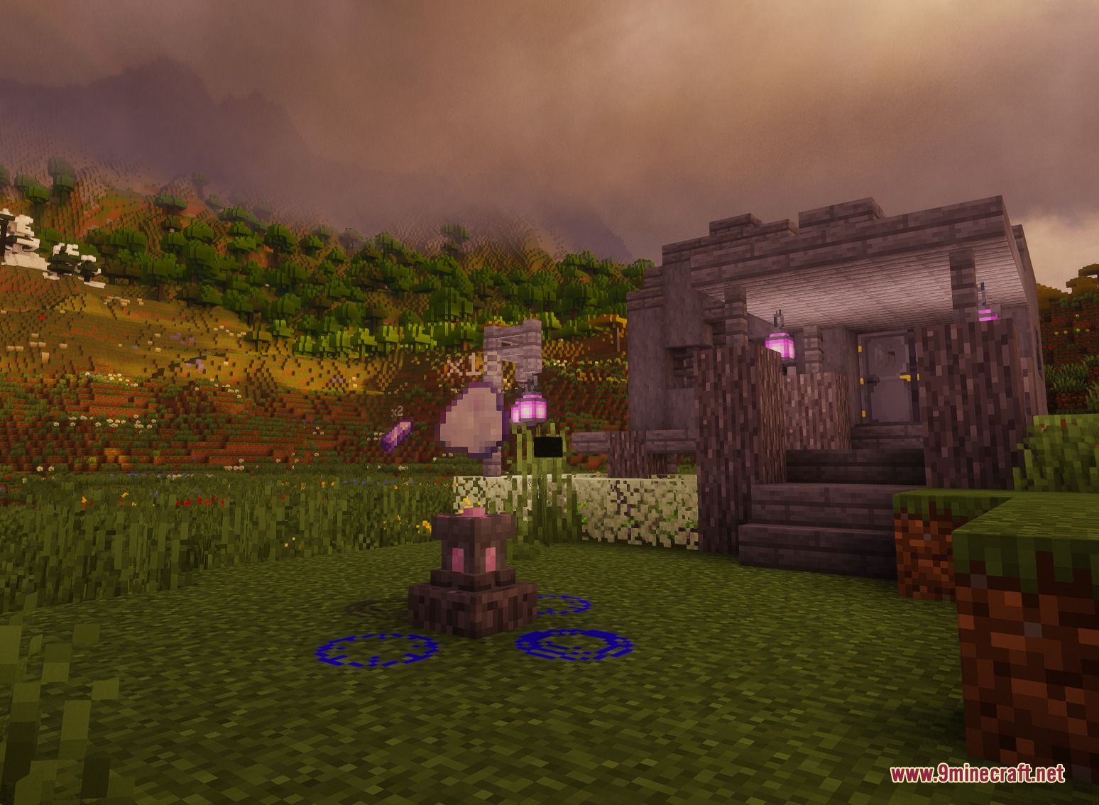 Eldritch Bloom Rituals Mod Screenshot 2 A Willow Altar with blue ritual circles stands outside a small stone building