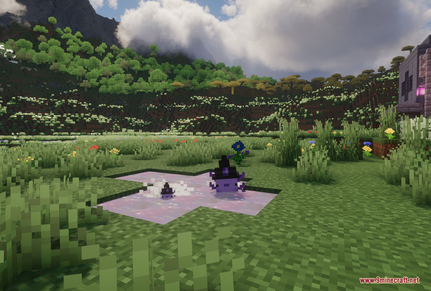 Eldritch Bloom Rituals Mod Screenshot 3 A cute spirit companion wearing a witch hat sits in a purple puddle