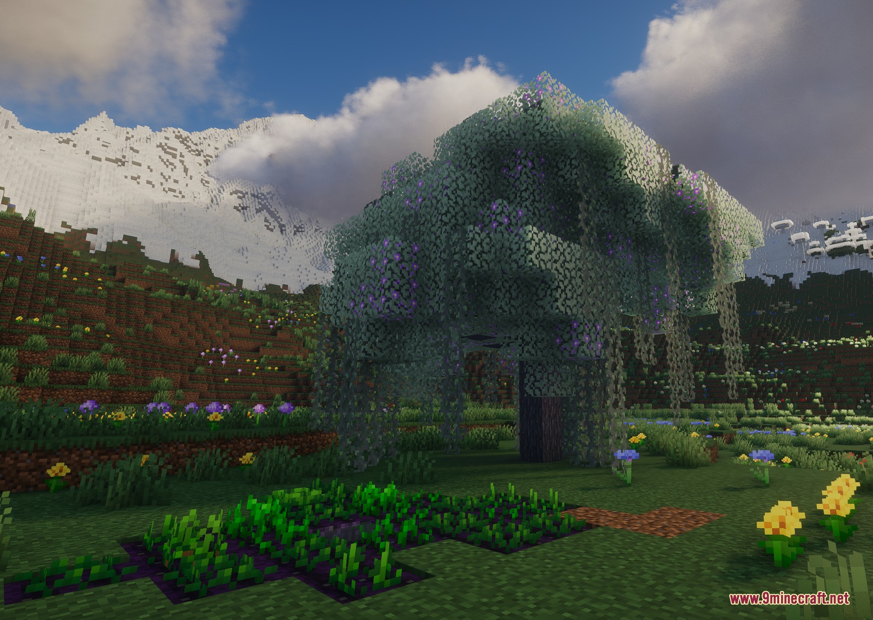 Eldritch Bloom Rituals Mod Screenshot 4 A large glowing willow tree with purple leaves stands near a snowy mountain