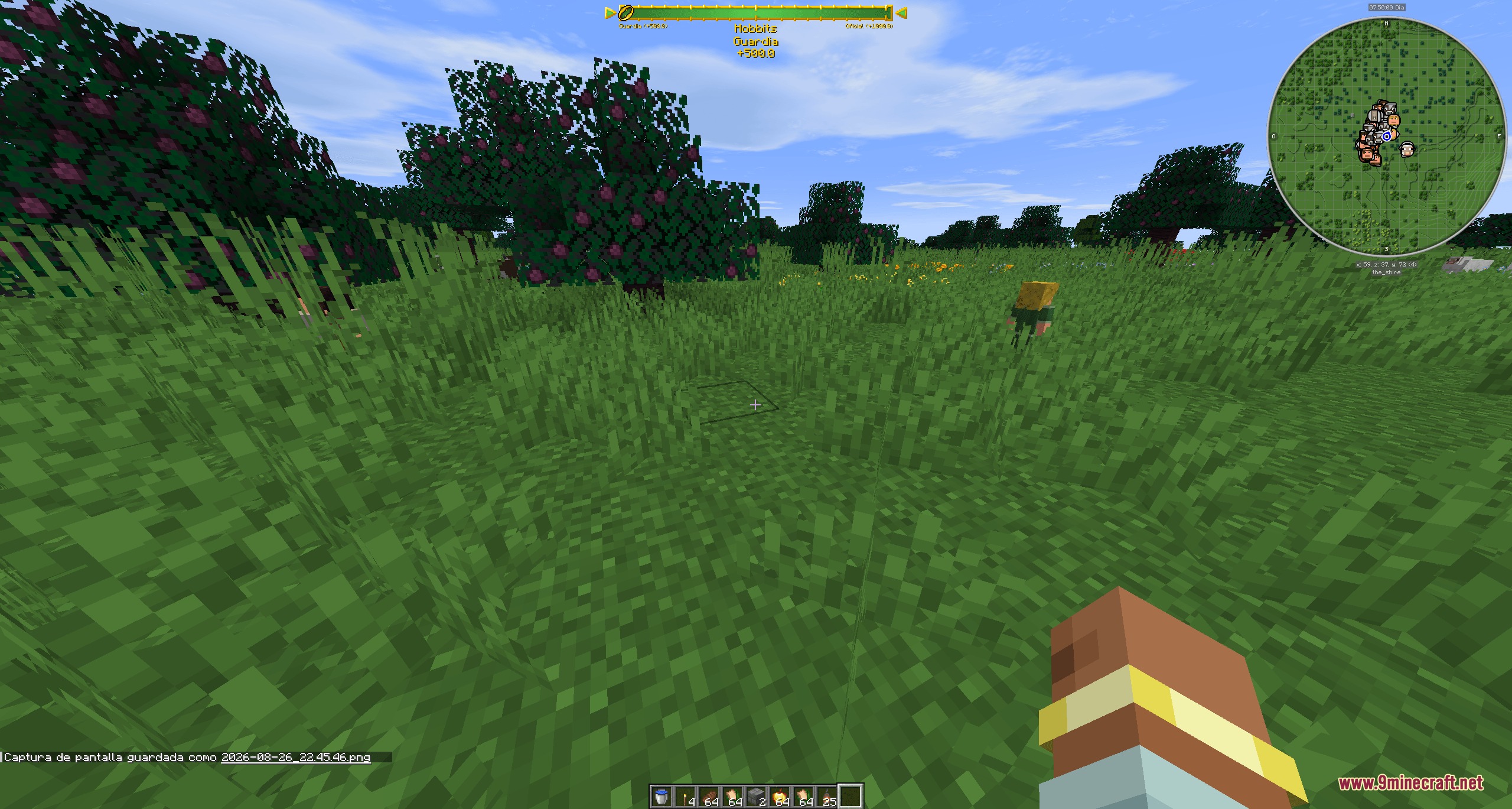 Player explores a grassy field featuring unique purple fruit trees